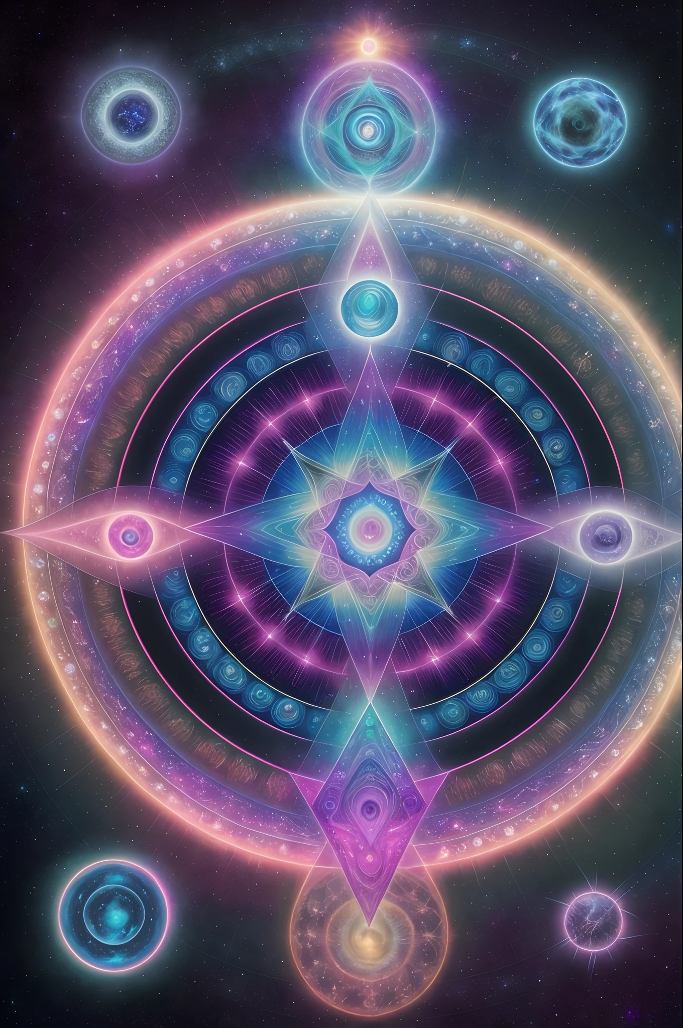 uma imagem circular de uma estrela com um centro azul cercado por estrelas, arte digital inspirada em Johfra Bosschart, Vencedor do concurso CG Society, arte espacial, geometria e astrologia, astral appearance, Geometria Sagrada, intricate galactic designs, estruturas fractais sagradas, galactic dmt entity, epic shamanic dmt art, visionary art style, Geometria sagrada sobreposta, mystical cosmic messenger