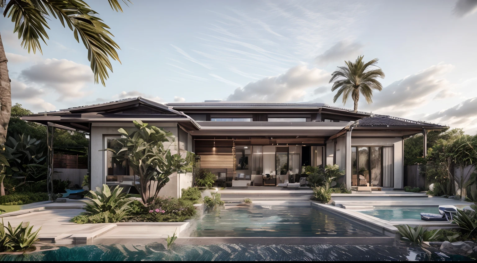 the exterior of the house; garden landscape, a pool with clear water, daytime, realistic, wide angle, (( render vray )), cloudy sky, sunset, European plants, render, spring light, detailed, modern style, clear image, glasses, high reflection, RAW photo, (high detailed skin:1.2), 8k UHD, DSLR, soft lighting, high quality, film grain, Fujifilm XT3