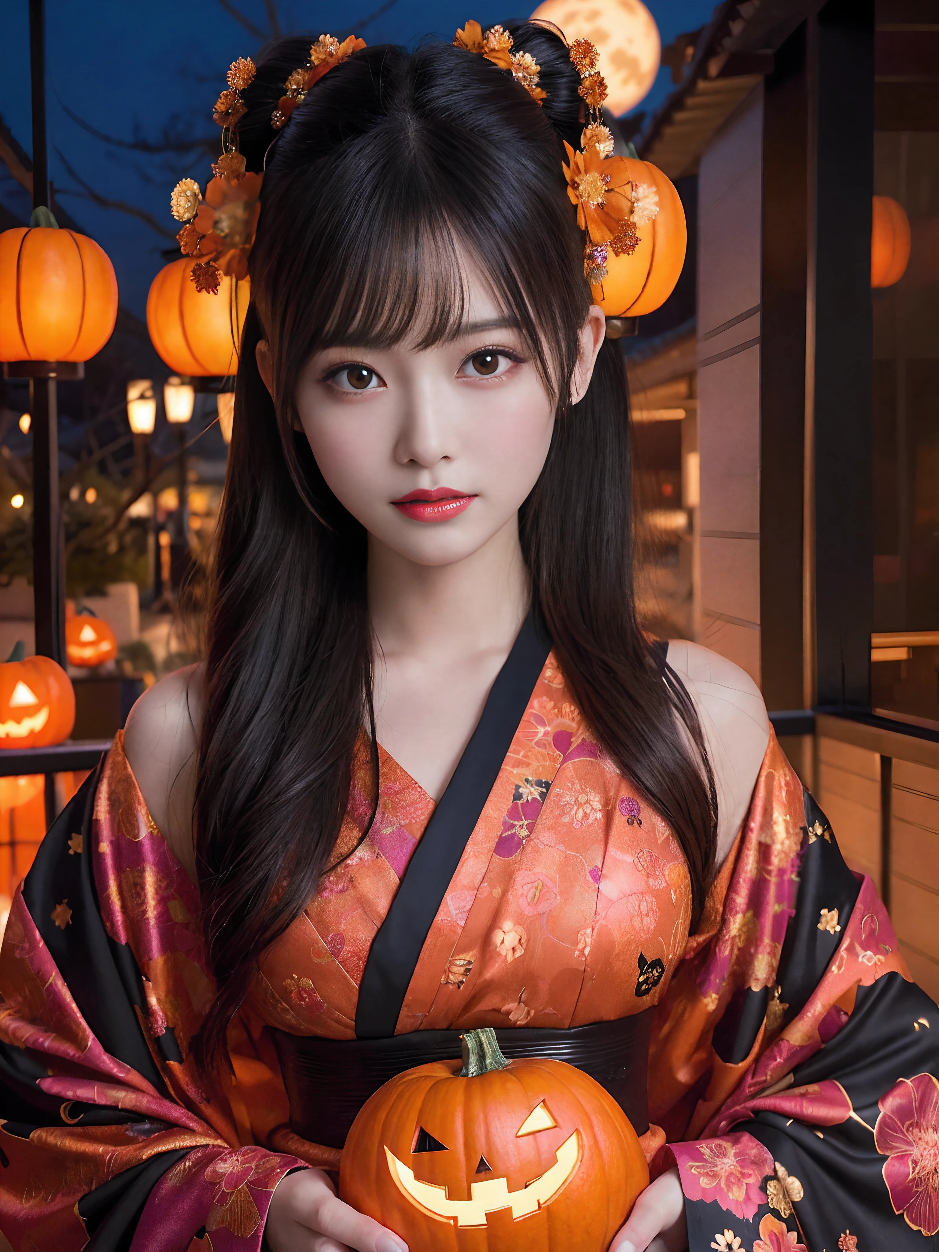 High Ranking Geisha Araffe woman in a kimono holding a carved pumpkin - SeaArt AI
