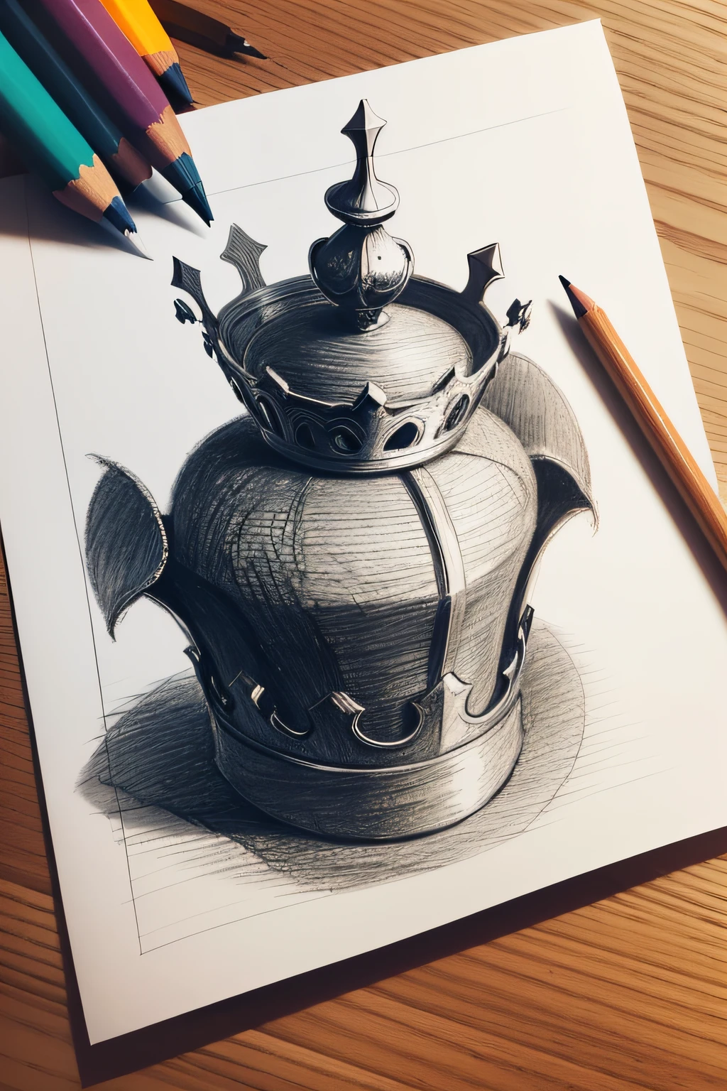 a drawing of a crown on a sheet of paper with pencils next to it