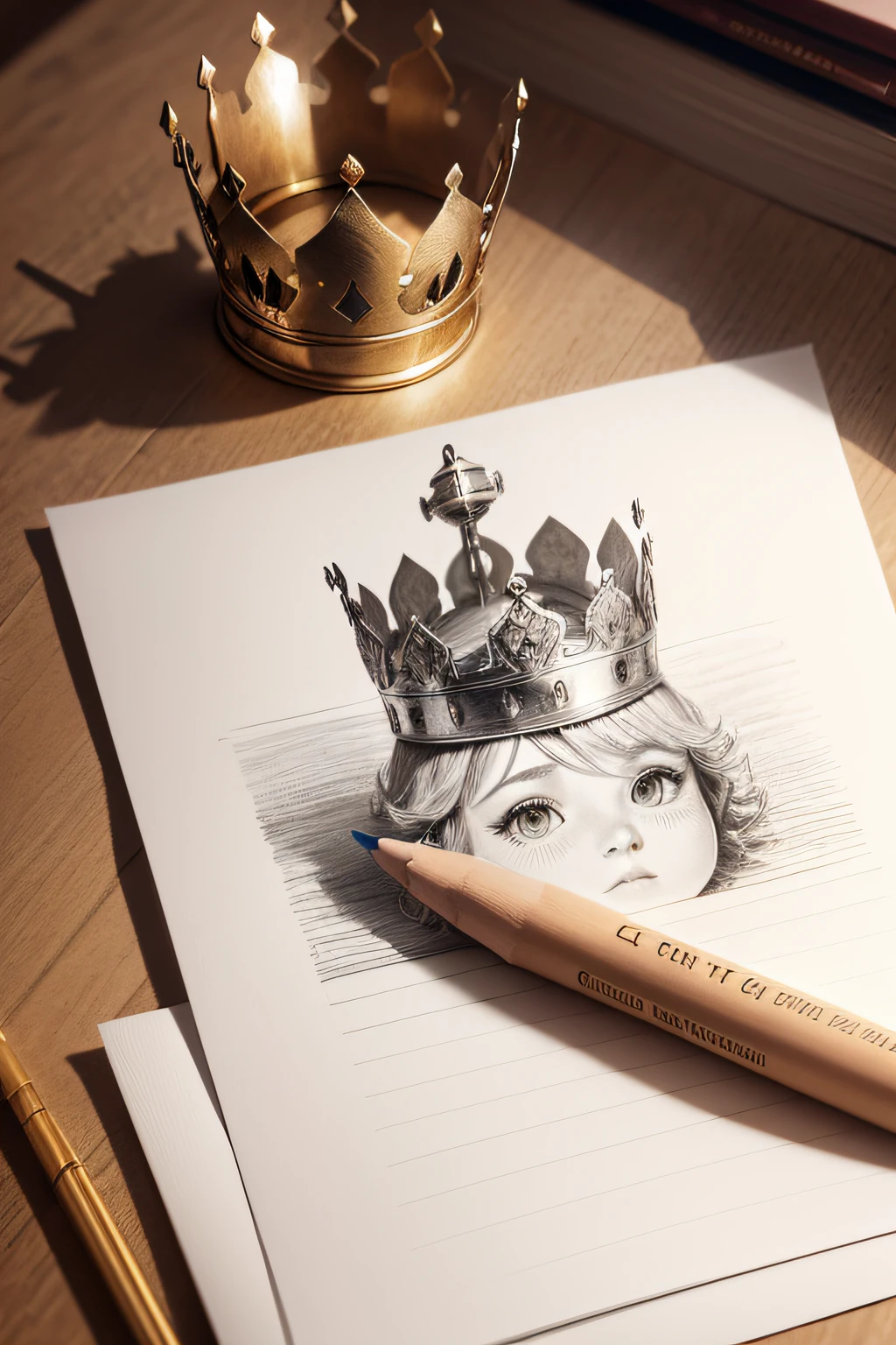 a drawing of a crown on a sheet of paper with pencils next to it