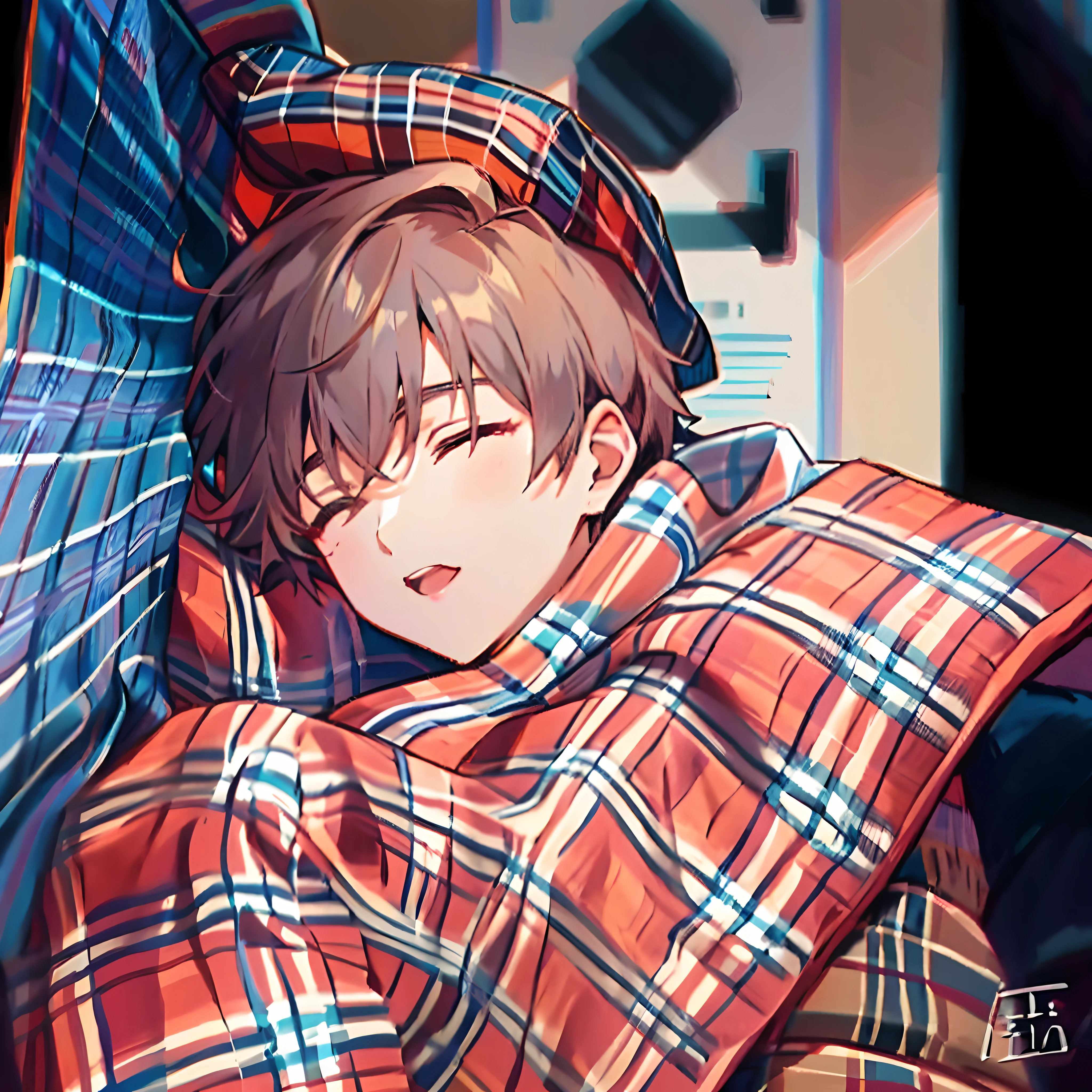anime boy laying on a couch with a plaid blanket on his head, inspired by Bian Shoumin, artwork in the style of guweiz, sleepy expression, 🍁 cute, high quality fanart, guweiz, kawacy, lofi portrait, official fanart, [[[[grinning evily]]]], by Kamagurka