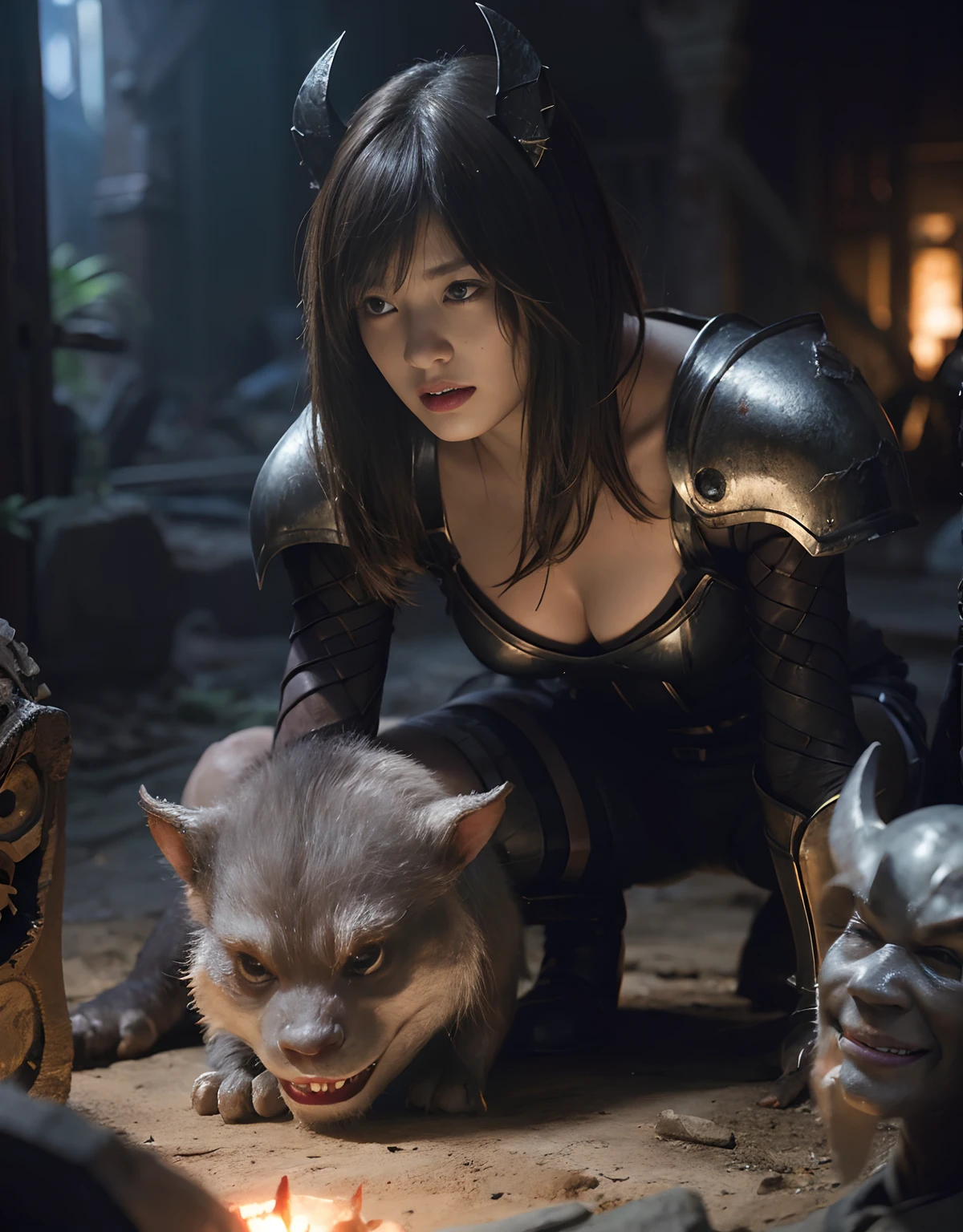 (One Knight Girl)、top-quality、​masterpiece、超A high resolution、(Photorealsitic:1.4)、Raw photo、1人、Fight mutants、（Wear the Dark Knight's Armor）、glowy skin、(((Dark Fantasy)))、With a beautiful sword and shield、（Silver Metal Bodysuit）、(Kobold、ogre、Fierce battle with orcs),（Fight fiercely against aliens）、Fight fiercely、(Background of decaying dungeon ruins)、（Knight's helmet）、(Fighting Demonic Beasts)、(Small LED)、((super realistic details))、portlate、(Strong giant demon beast background),globalillumination、Shadow、octan render、8K、ultrasharp、Colossal tits、Raw skin is exposed in cleavage、metals、Details of complex ornaments、Japan details、highly intricate detail、Realistic light、(Mystical expression),CGSoation Trends、Red Eyes、radiant eyes、Facing the camera、neon details、(Mechanical limbs)、(blood vessels connected to tubes)、()、Gundam、Small LED、Toostock、（）、（Attack of the Monster Beasts）、（Wounded in a deadly battle）、