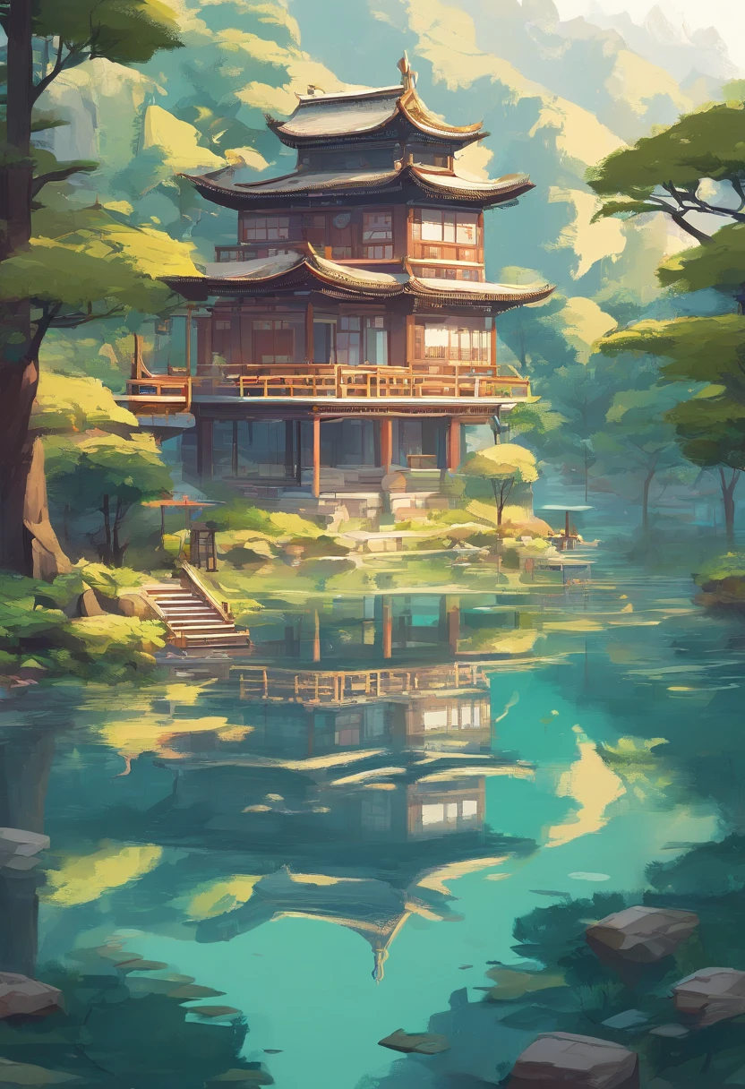 Trees reflected in the lake,The background is the house, author:Xia Yong, author:Cheng Jiasui, author:Yu Zheding, author:Wang Duo, Amazing composition, author:Shang Xi, author:Dai Xi, author:Shi Rui, Perfect composition Artem Demura, amazing simple composition, beautiful reflexions, author:Ji Sheng