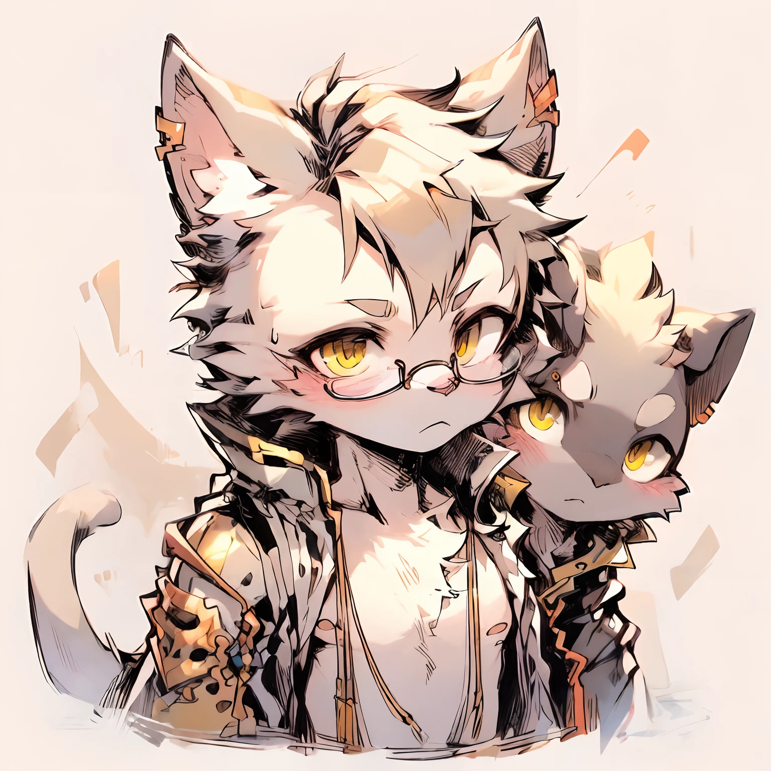 hairy chest,Male cats,Black and white fur,Golden eyes,Wearing gold wire glasses, Pout