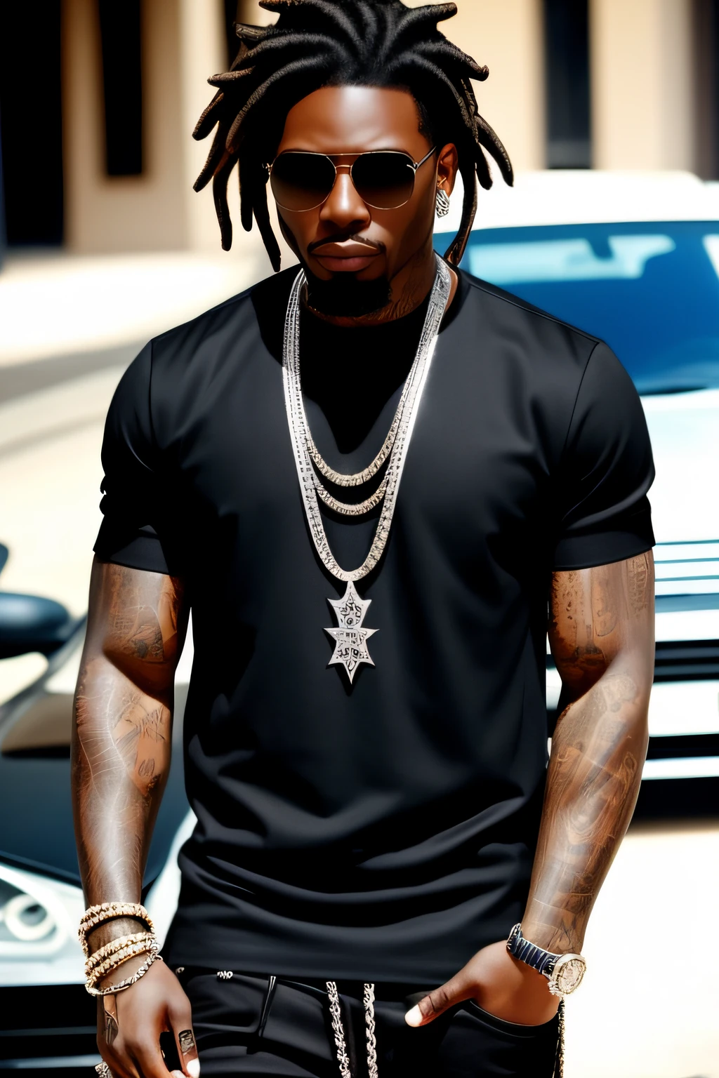 black.realistic male,rapperrich,tattoosnoshirton,jewerlyblingbig,diorclothes,rapperhiphop,realdreadslookrealistic,lookfresh,richcars