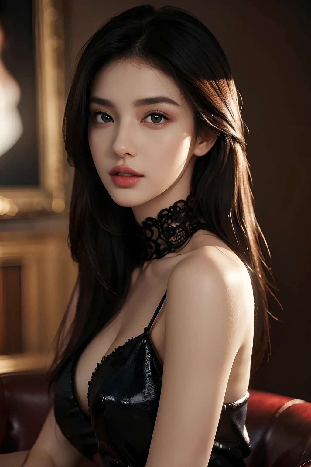 (best quality,4k,highres,masterpiece:1.2),ultra-detailed,realistic:1.37,3D rendering,(beautiful detailed eyes),(beautiful detailed lips),long black hair,(slender,toned body),(seductive yet sophisticated style),red eyes,(sexy outfit),(portrait),(vivid colors),(studio lighting)