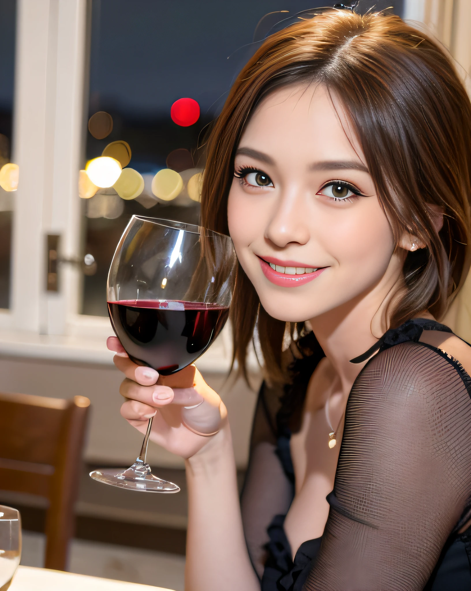 (64K, UHD, top quality, masterpiece: 1.2), (realistic, photorealistic: 1.37), super detailed, pretty woman 1 person, (slim face), (slim body), (brown hair), (short cut), cheeks slightly blushing, (44 years old), 38 years old, solo, beautiful detailed urban night view outside the window, restaurant, wine glasses sit, at night, in a prominent placeNovaFrogStyle, Actress, Model, Waist Up, White Wine, Slim, Wine Glass, Super Clean Night View, Wine Glass Put in the Middle, Happy Smile, (Smile: 1.15), Beautiful Fine Eyes, Upper Body, Bust Japan Up, Night, Short, Short, Actress, Model, Waist Up, White Wine, Slim, Wine Glass, Super Clean Night View, Wine Glass Put in the Middle, Happy Smile,