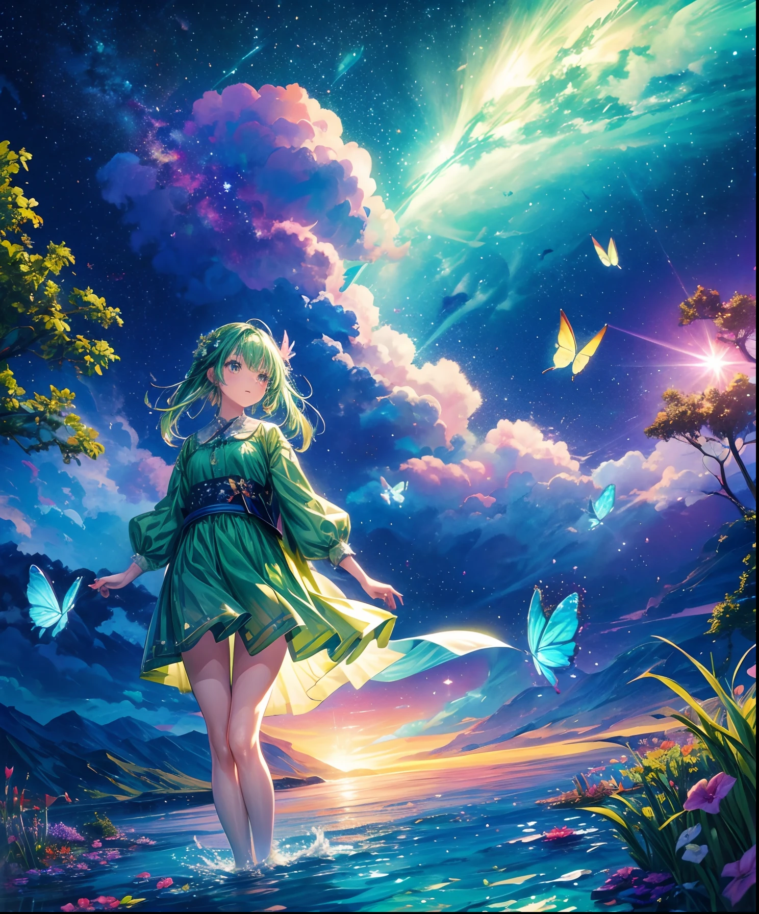 Cute girl characters、Green grass々Drawing a butterfly flying over the water, Looking up at the starry sky. Surround her with colorful nebulae and colorful forests.