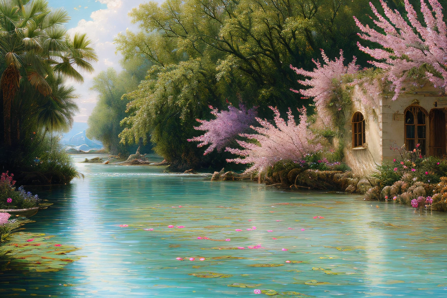 paysage mer, Eau cristalline, cocotier, fleurs exotiques, (Highly detailed CG Unit 8k wallpaper), The most beautiful work of art in the world, Professional majestic oil painting, complexe, High detail, mise au point nette, dramatique, Art of photorealist painting, Alma Tadema