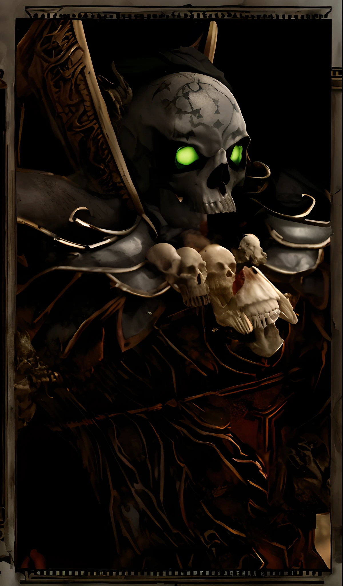 a close up of a skeleton in cloth dress and armor, lich with glowing green eyes, (skull jewelry, skull necklace), (old cloth chemisette:1.5), skull face, evil necromancer, the lord of pestilence, portrait of an necromancer, quake strogg, skeleton warrior, undead lich, portrait of a holy necromancer, portrait of the old necromancer, warhammer, baldur's gate character portrait, undead skeleton king