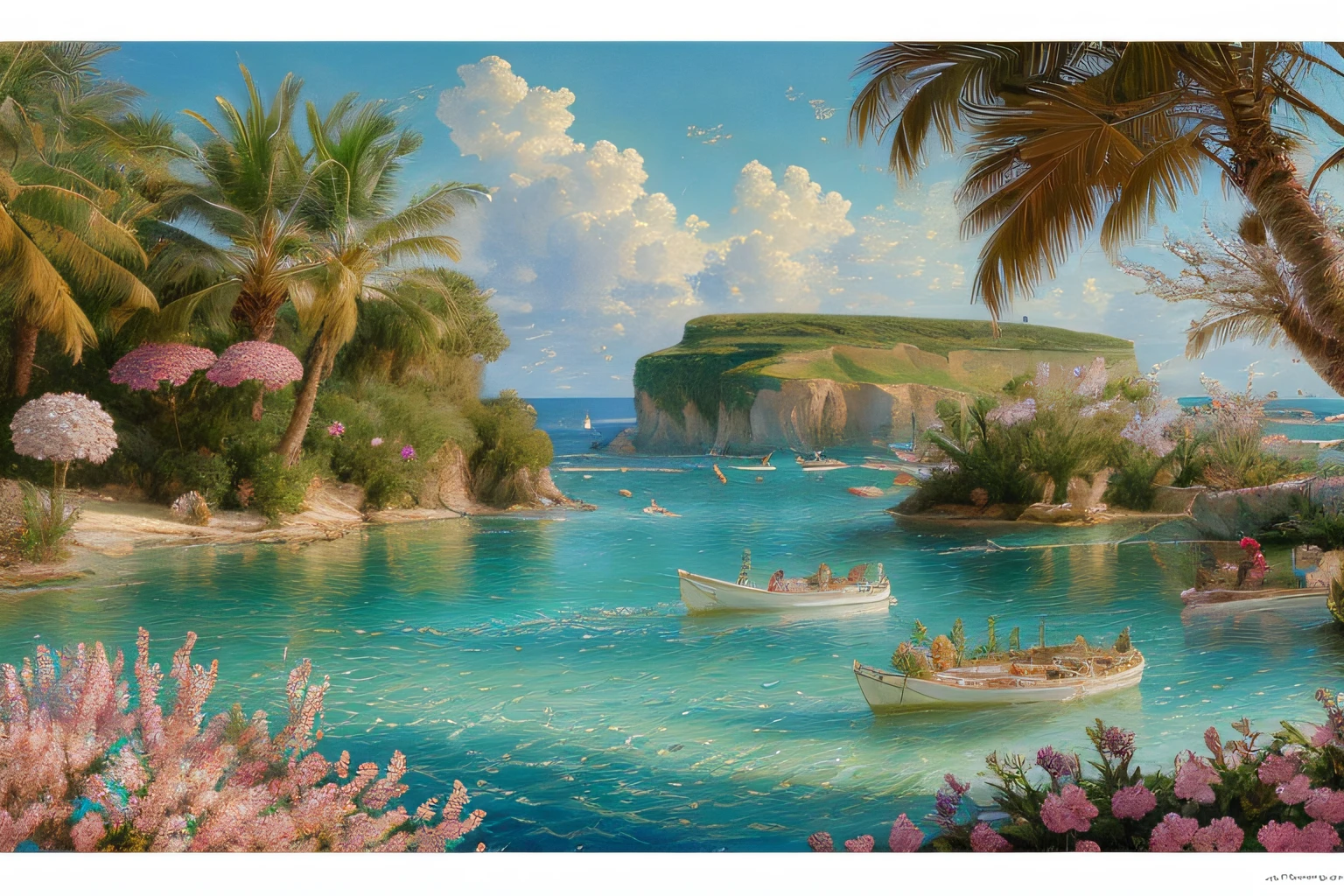 paysage mer, Eau cristalline, cocotier, fleurs exotiques, (Highly detailed CG Unit 8k wallpaper), The most beautiful work of art in the world, Professional majestic oil painting, complexe, High detail, mise au point nette, dramatique, Art of photorealist painting, Alma Tadema