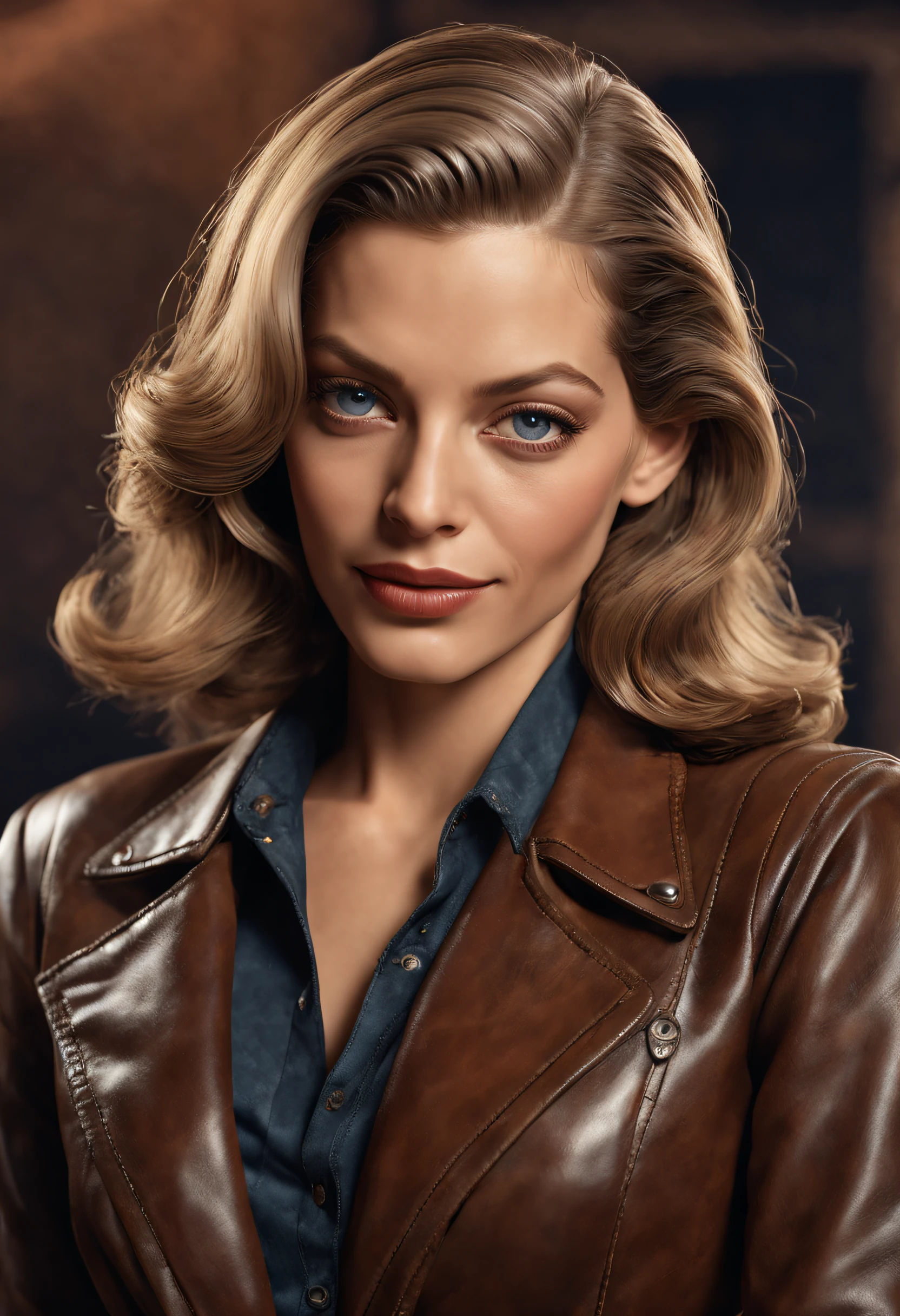 American Plan, ultra net, Face camera, sur fond uni clair, studio, beautiful young woman resembling young Lauren Bacall, 30 ans, yeux bleus, casual wear : Dirty old dark smuggler's leather outfit with dark metal shoulder pads., faible revenu, Photorealistic portrait, Perfect detailed body, Stunning realistic photography, rendu 3D, rendu octane, meticulously detailed, cinematic, isometric, Hyperrealistic cover photo centered, awesome color, high-definition, cutscene, gagnant du concours Behance, ultra high def, 8k, mise au point ultra nette, Intricate masterpiece of art