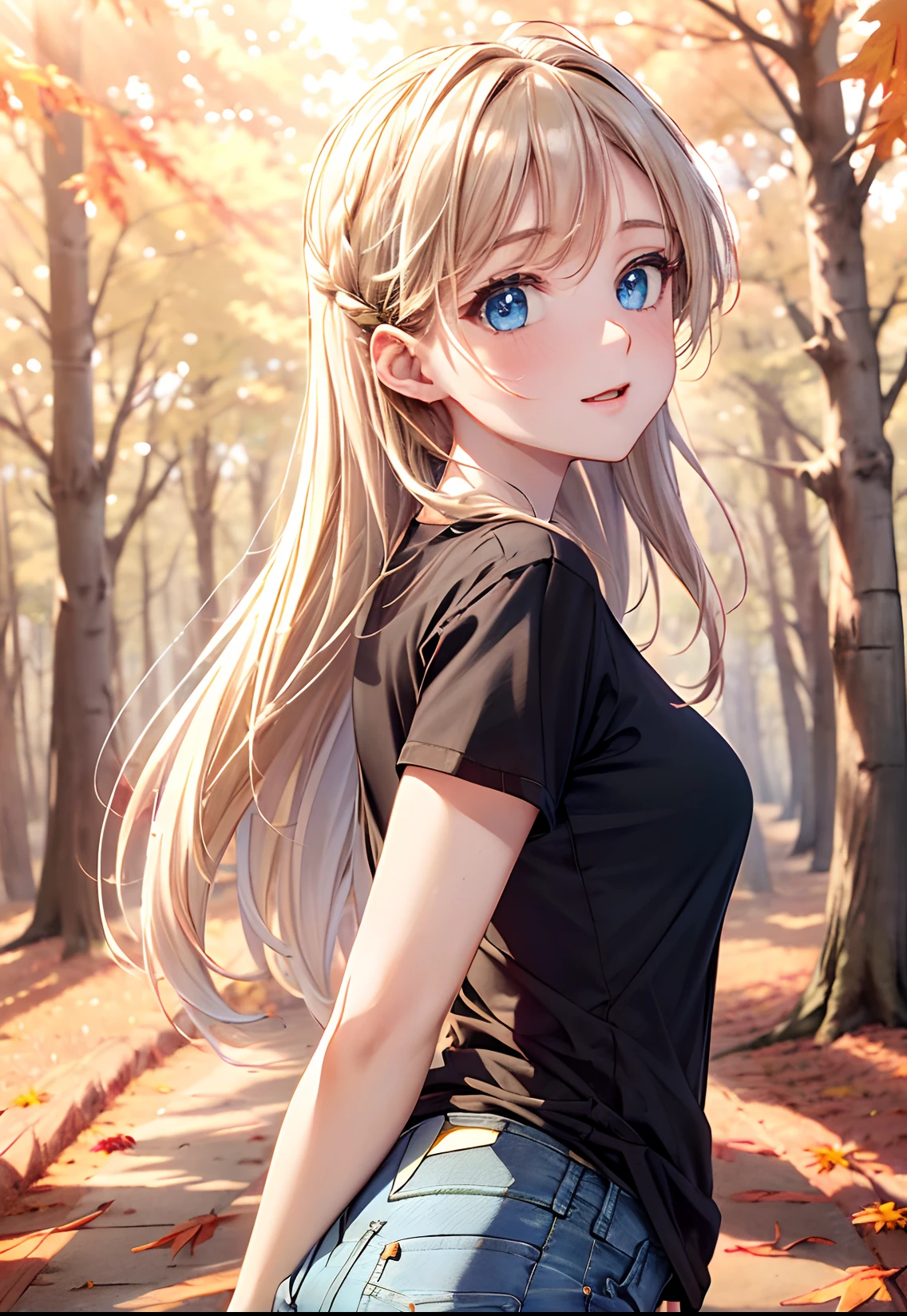 absurderes, ultra-detailliert,bright colour, 8k,masuter piece,(1girl in:1.4),(A very beautiful forest of autumn leaves:1.5),extremely beautiful detailed anime face and eyes,(happy smail:1.4), (Smooth straight blonde hair:1.3), (Shiny hair:1.3),(From Side:1.5), cliff, clouds, the woods,Grassy,lake,lensflare,Tree Road, landscapes, Skysky, suns, Sun'rays, sunlights,The tree, Eau,(Tight jeans:1.3), (Black shirt:1.4),(Deep Blue Eyes:1.3),depth of fields,red blush,hair clips,