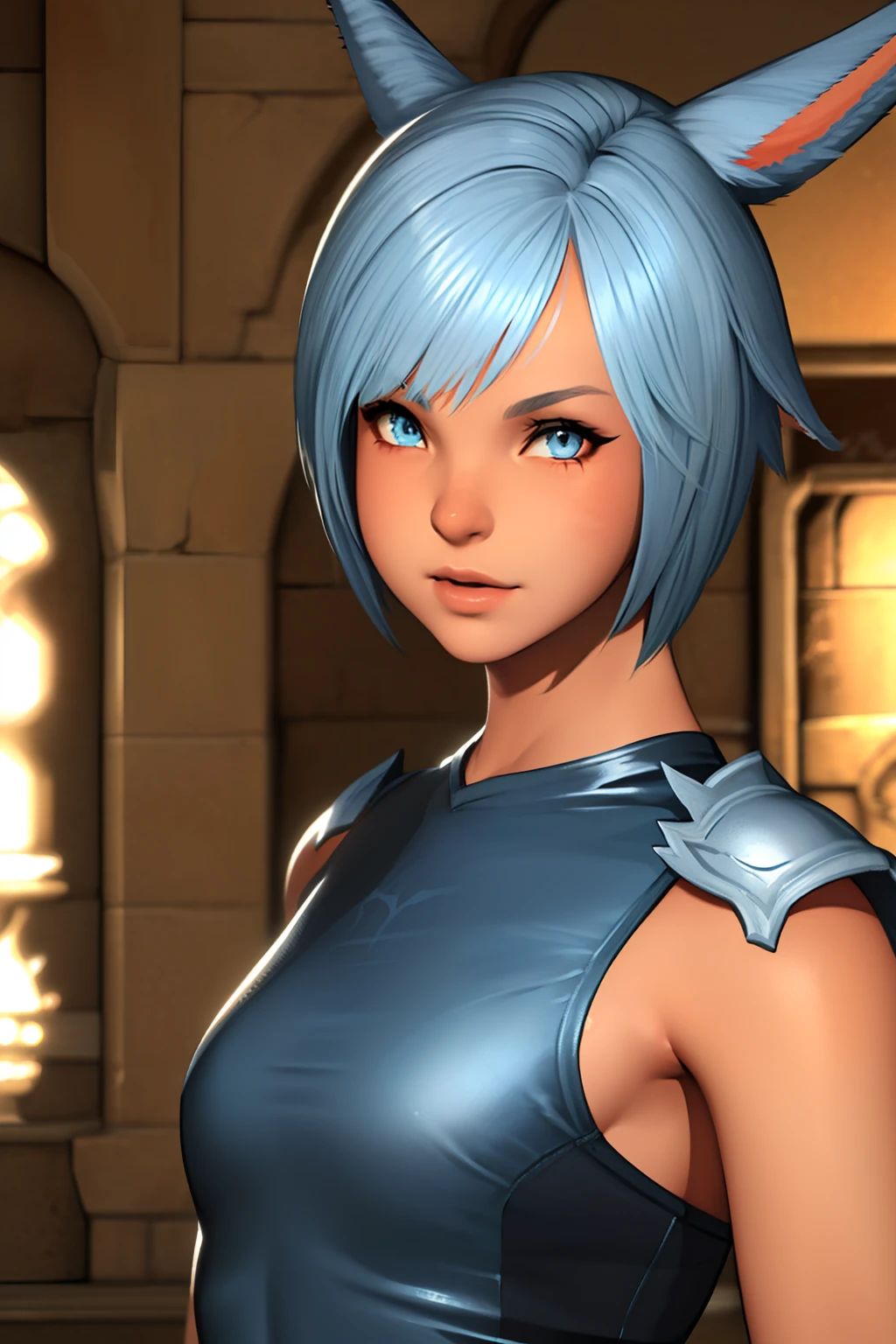 (masutepiece:1.2, Best Quality, Photo Real Stick), 1girl, radhy_shamar \(ffxiv\), (Cool Beauty), pixie cut, Blue hair, cat ears, cat tail:1.2, ((no-human ears:1.2, no-pinted ears:1.2)), light-cyan eyes, middlebreasts, ((ffxiv knight armor:1.4)), ((Face Close-up:1.2, Face Focus:1.2, Looking at Viewer, Upper body)), Smile lightly without opening your mouth, fantasy background,