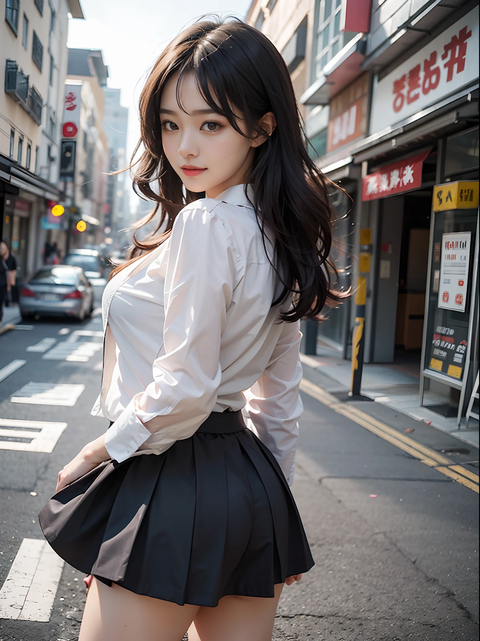 High school girl turning around while looking behind her in the city、Squint your eyes and smile、Blazer with white collar shirt、pleatedskirt、drooing eyes: 1.3,, (in 8K) , ​master piece, (No retouching, Lip gloss, False eyelashes, Real Skin, of the highest quality, 超A high resolution, depth of fields, chromatic abberation, Caustics, Wide Lighting, Natural Shading))Korean Idols、Live action、Sauce order、Asian woman smiling at Alafe,、Young Pretty Gravure Idol, Young skinny gravure idol, Realistic Young Gravure Idol, Young Sensual Gravure Idol, Japanese Models, Shot with Canon EOA 6 D Mark II, taken with canon eos 5 d mark iv, Young Gravure Idol,