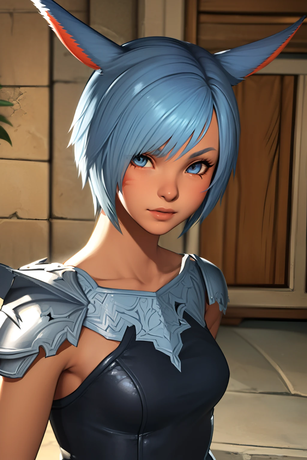 (masutepiece:1.2, Best Quality, Photo Real Stick), 1girl, radhy_shamar \(ffxiv\), (Cool Beauty), pixie cut, Blue hair, cat ears, cat tail:1.2, ((no-human ears:1.2, no-pinted ears:1.2)), light-cyan eyes, middlebreasts, ((ffxiv knight armor:1.4)), ((Face Close-up:1.2, Face Focus:1.2, Looking at Viewer, Upper body)), Smile lightly without opening your mouth, fantasy background,