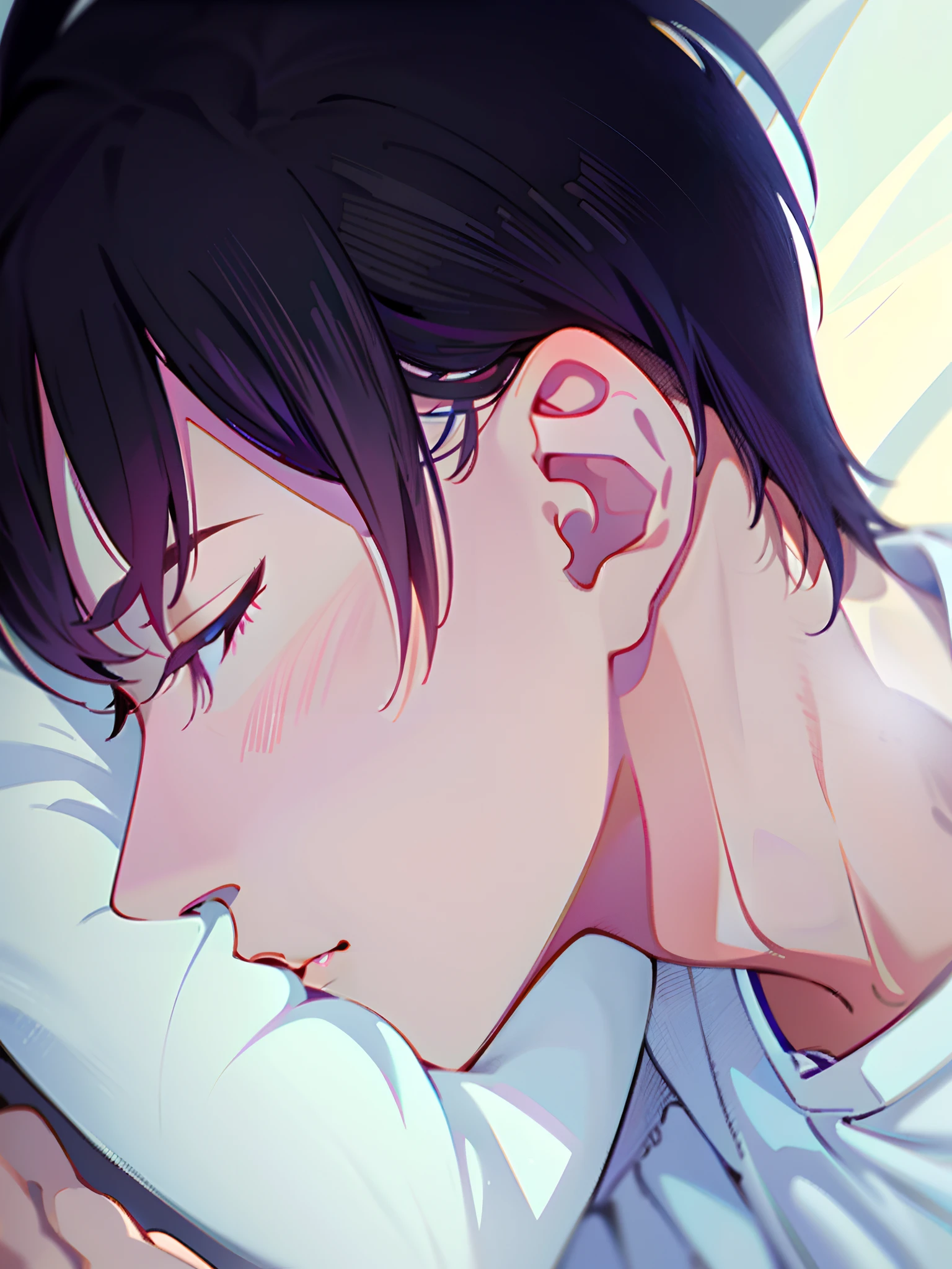 anime boy sleeping in bed with his head on his hands, anime portrait of a handsome man, anime handsome man, smooth anime cg art, soft anime illustration, digital anime illustration, artwork in the style of guweiz, kentaro miura manga art style, detailed anime soft face, handsome anime pose, ilya kuvshinov face, detailed digital anime art