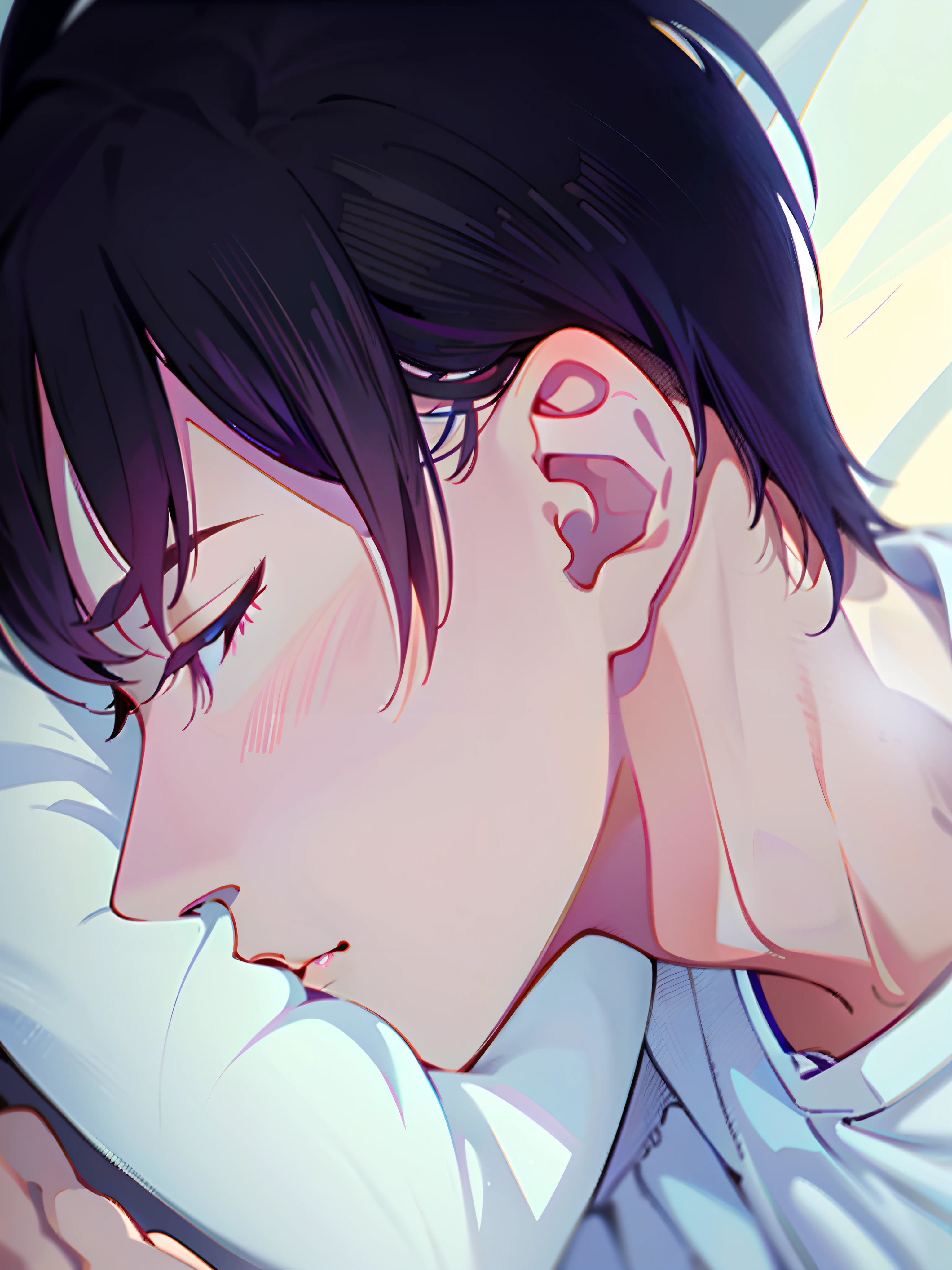anime boy sleeping in bed with his head on his hands, anime portrait of a handsome man, anime handsome man, smooth anime cg art, soft anime illustration, digital anime illustration, artwork in the style of guweiz, kentaro miura manga art style, detailed anime soft face, handsome anime pose, ilya kuvshinov face, detailed digital anime art
