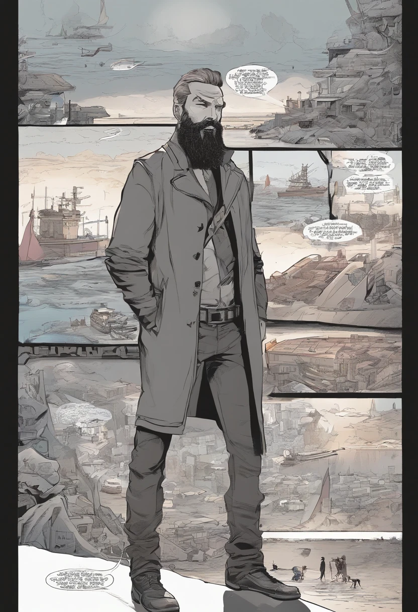 Homme 24 ans Cheveux noir, barbe courte journaliste dans une univers port apocalyptique
