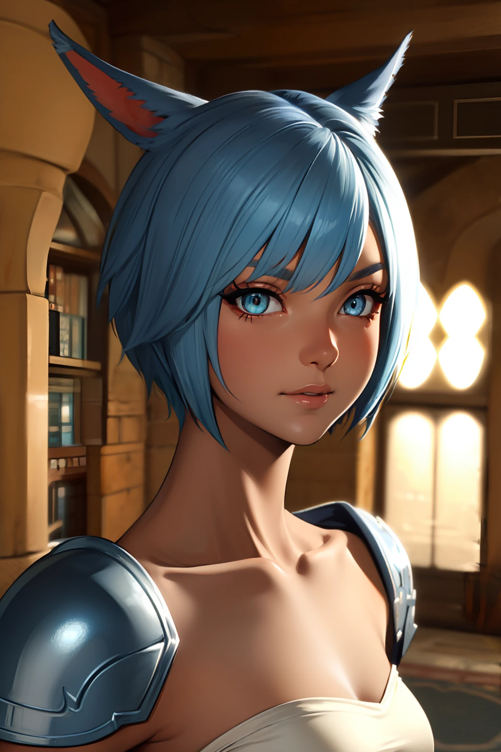 (masutepiece:1.2, Best Quality, Photo Real Stick), 1girl, radhy_shamar \(ffxiv\), (Cool Beauty), pixie cut, Blue hair, cat ears, cat tail:1.2, ((no-human ears:1.2, no-pinted ears:1.2)), light-cyan eyes, middlebreasts, ((armor:1.4)), ((Face Close-up:1.2, Face Focus:1.2, Looking at Viewer, Upper body)), Smile lightly without opening your mouth, fantasy background,