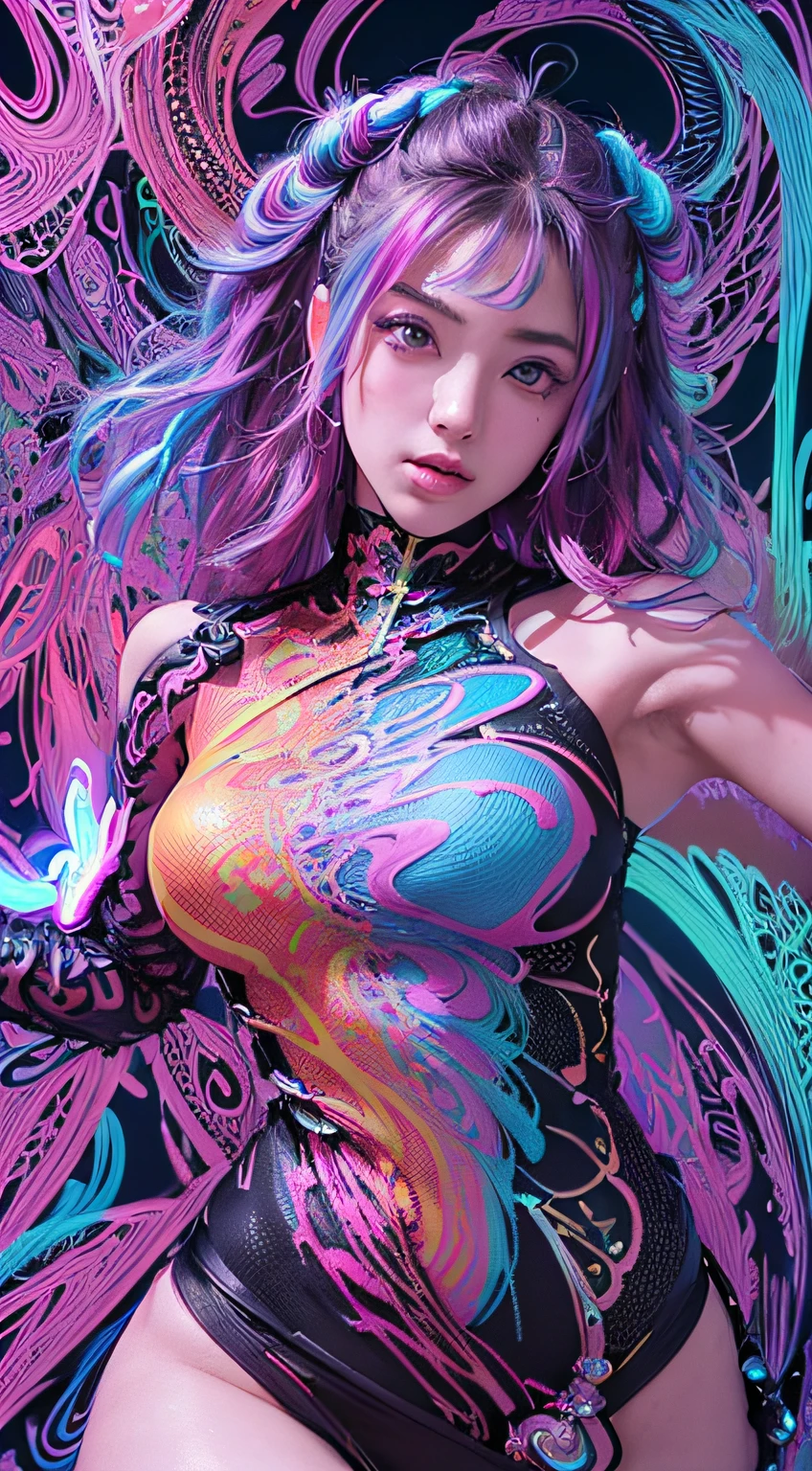 a digital painting of a woman with chains around her neck, intricate artwork. neon eyes, dripping in neon paint, neon vibes, neon and dark, neon PURPLE, Turquoise,PINK, GREEN, airbrush digital art, neon digital art, airbrush art, neon ink, inspired by Mike Winkelmann, stunning artwork, 3 d neon art of a womens body, vibrant colors hyper realism