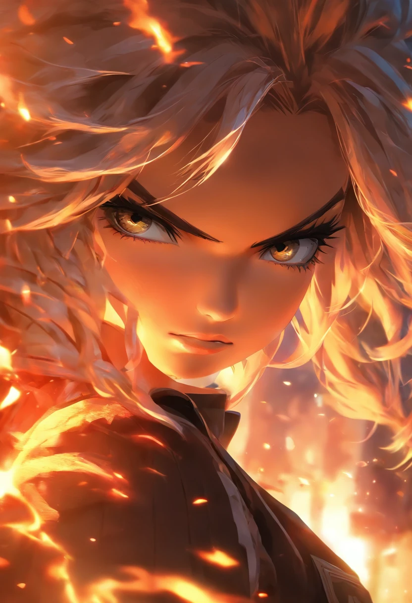 The most beautiful and sexy firefighter girl, blonde hair, blue eyes, wearing highly detailed firefighter gear and helmet, metal fragments blowing in the wind, perfect masterpiece, high quality, high resolution