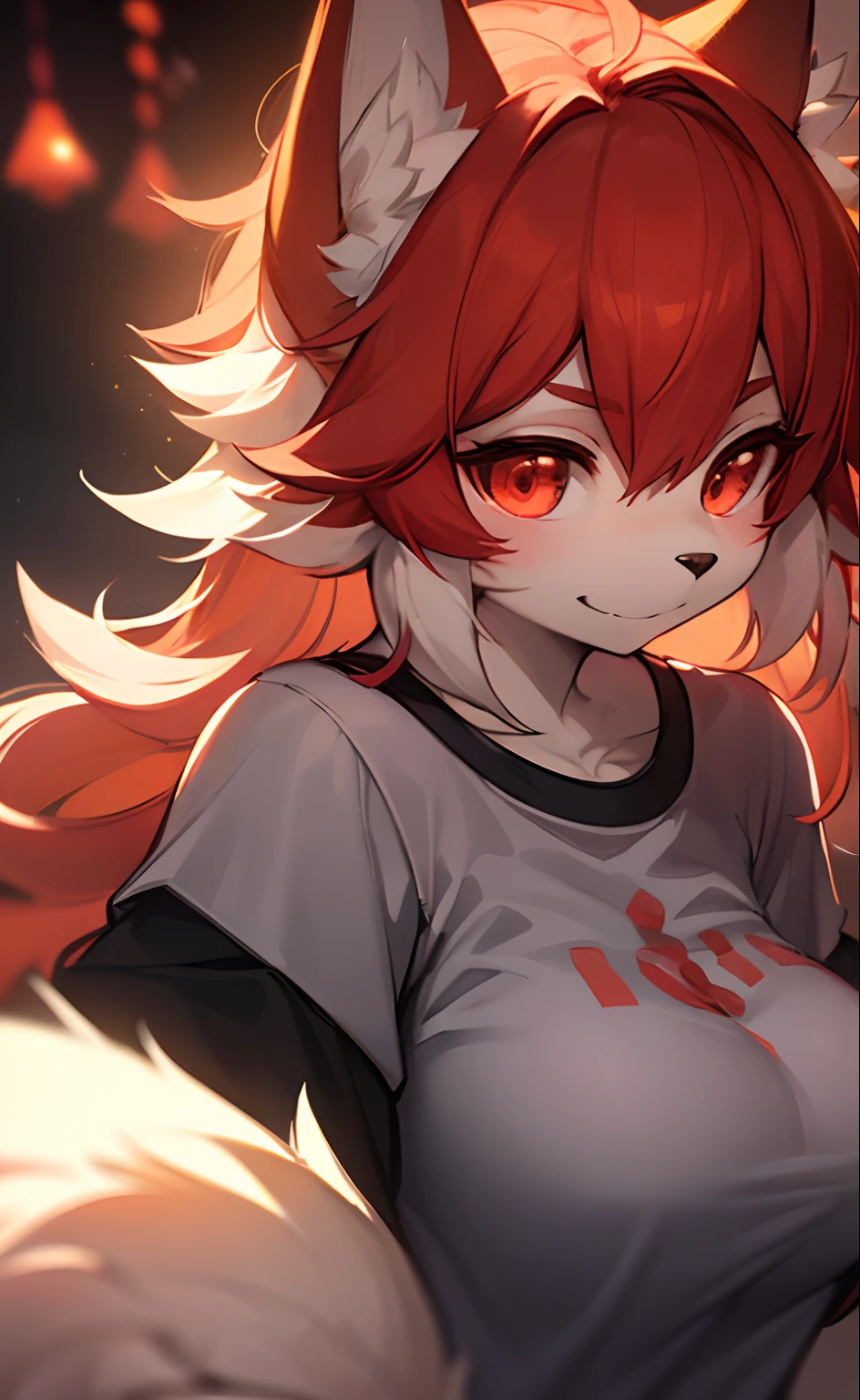 furry, white fur, ultra cute face, red elements on fur, breasts, glowing t-shirt, beautiful lights and shadows, ambient light, ultra detailed fur, volumetric light