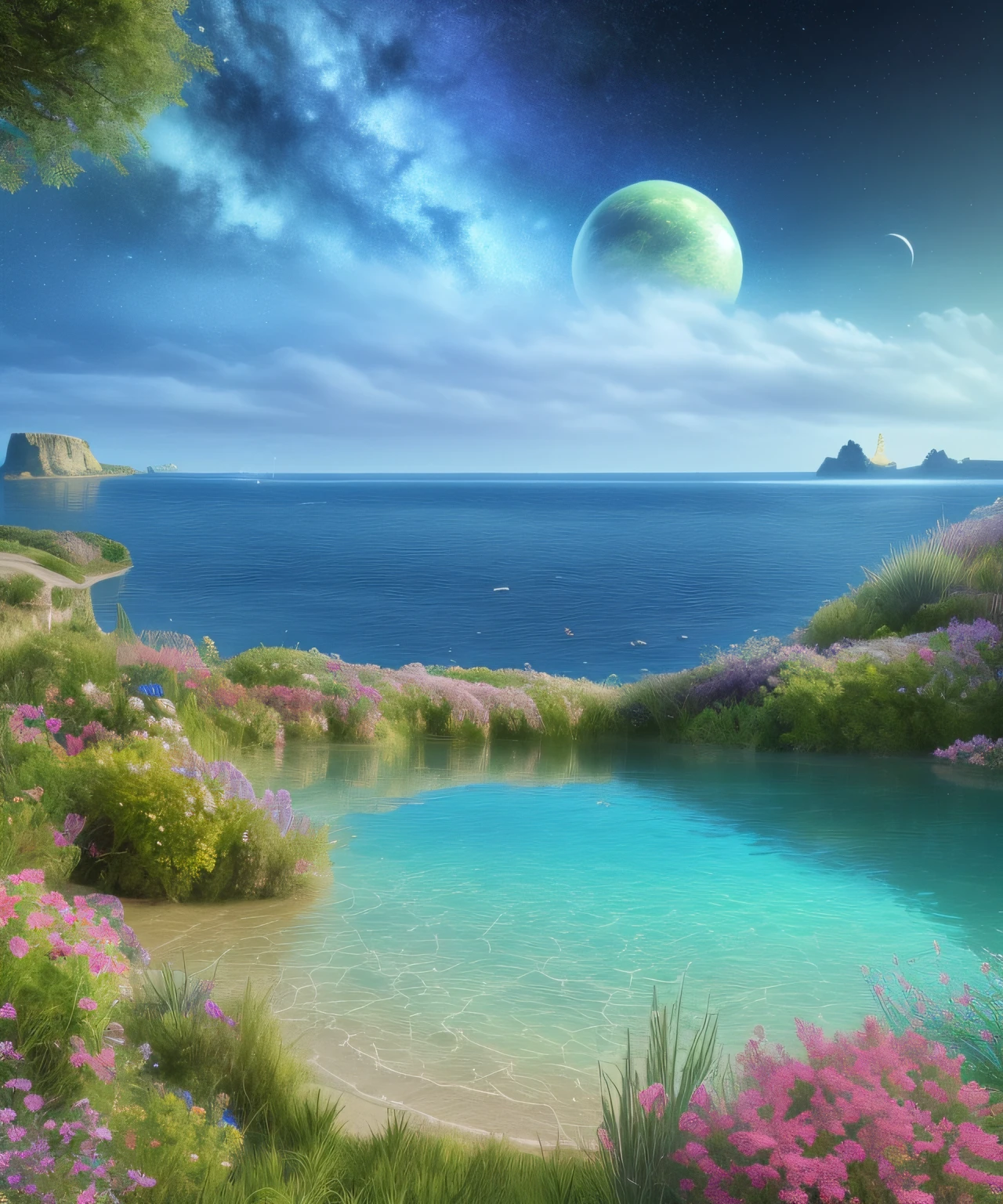 paysage mer, very realistic, hyper detailed, Extremely sharp, le plus beau paysage du monde, comme le paradis, beaucoup de fleurs exotiques, in background, Sky with lots of stars,