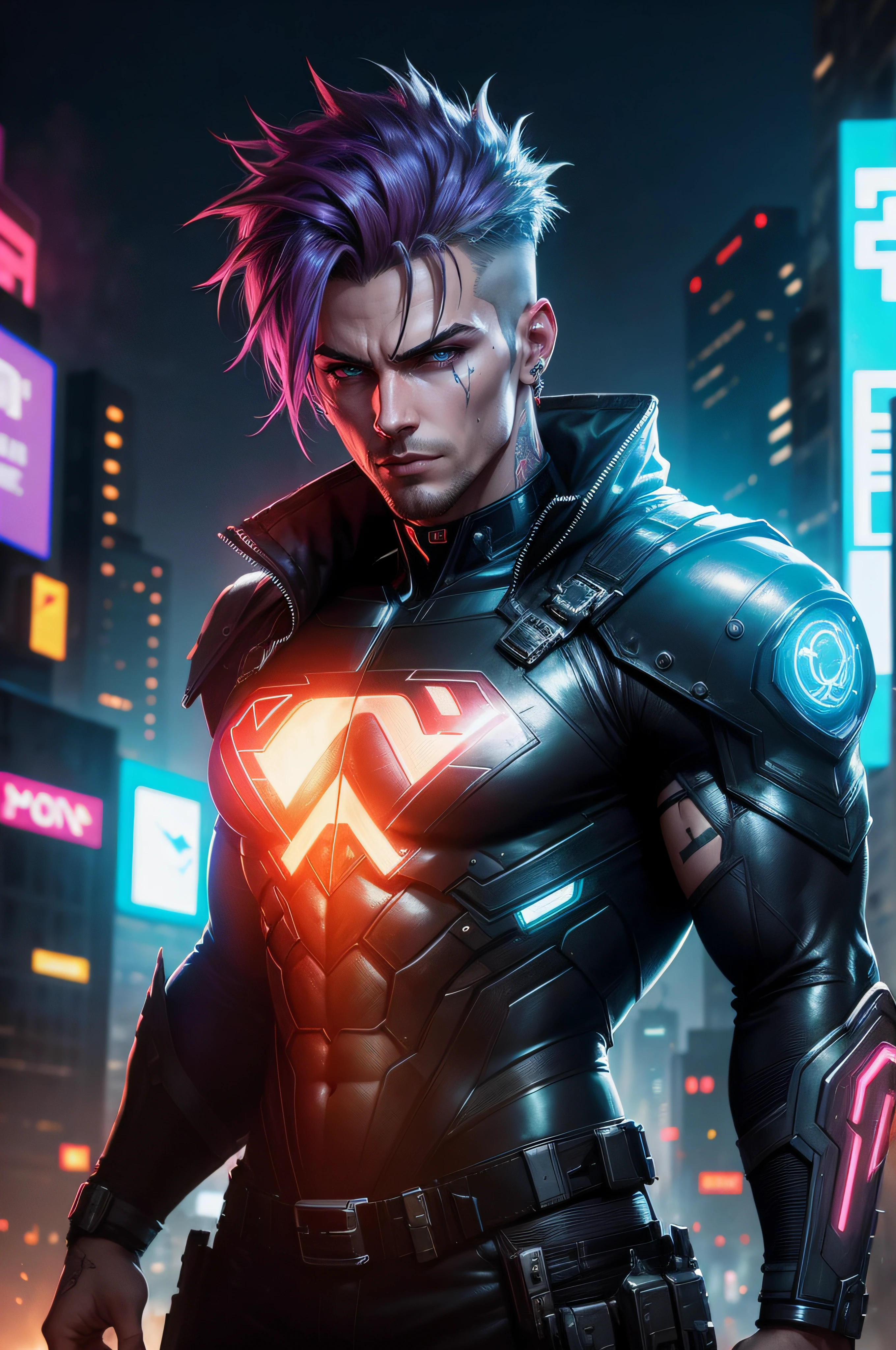 male Superman, cyberpunk, dark, gritty, dystopian, digital drawing, illustration, backlit, punk hair, night time lights, cyberpunk reimagined, high quality, portrait, beautiful, scaled neon cyberpunk suit, punk hairstyle, beautiful 64k,