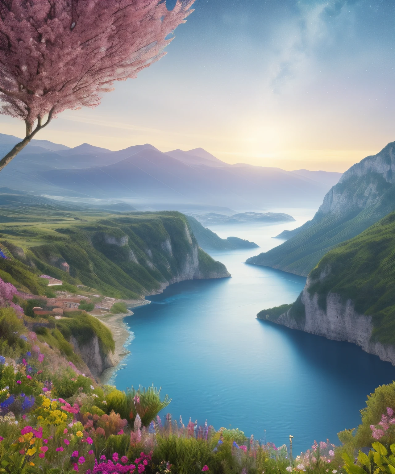 paysage mer, very realistic, hyper detailed, Extremely sharp, le plus beau paysage du monde, comme le paradis, beaucoup de fleurs exotiques, in the background, sky with lots of stars,
