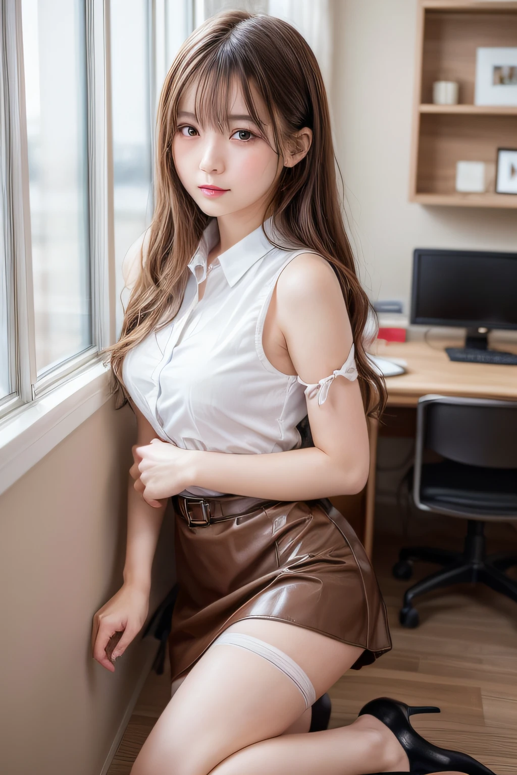 ((Top image quality、8K、​masterpiece：1.3))、Realistic high-quality photos、top-quality、girl cute-fine face、13 years old beautiful Japan girl、Photo of slim little girl model、Beautiful girl model、young japanese girl、Young cute face、japanaese girl、13-year-old female model、Beautiful Model Girl、The innocent look of the girl next door、lovely delicate face、Brown hair、Beautiful brown eyes、Tear bag、drooing eyes、young body、Full body photo of beautiful sexy secretary wearing a very short skirt and seamed stockings、stands_straight、(独奏))、Adults、in a office、high-heels、Craving ???、strokes_herself