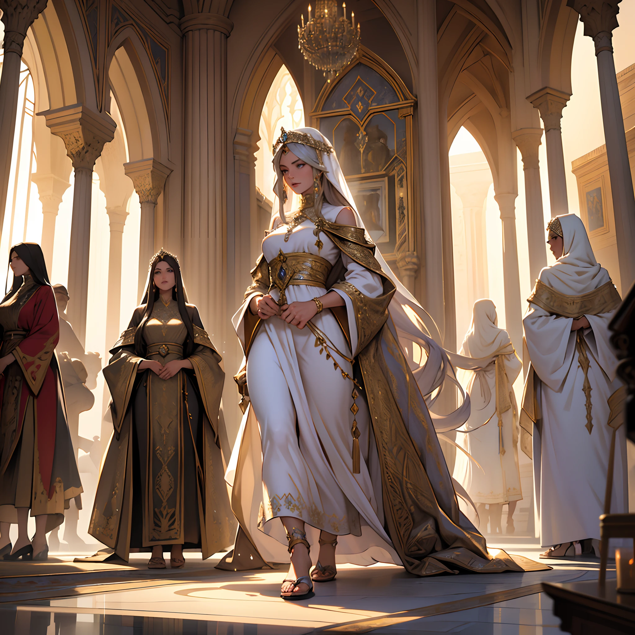 Arabia Very beautiful European Princess brilliant crystal eyes hyper realistic super detailed Dynamic full outfit Moroccan caftan dress walking with her maids women to the throne room in front of the king's consultants hyper realistic view super detailed Dynamic shot centerpiece cinematic scene scenes movie Epic Legendary portrait zoom showing her expression