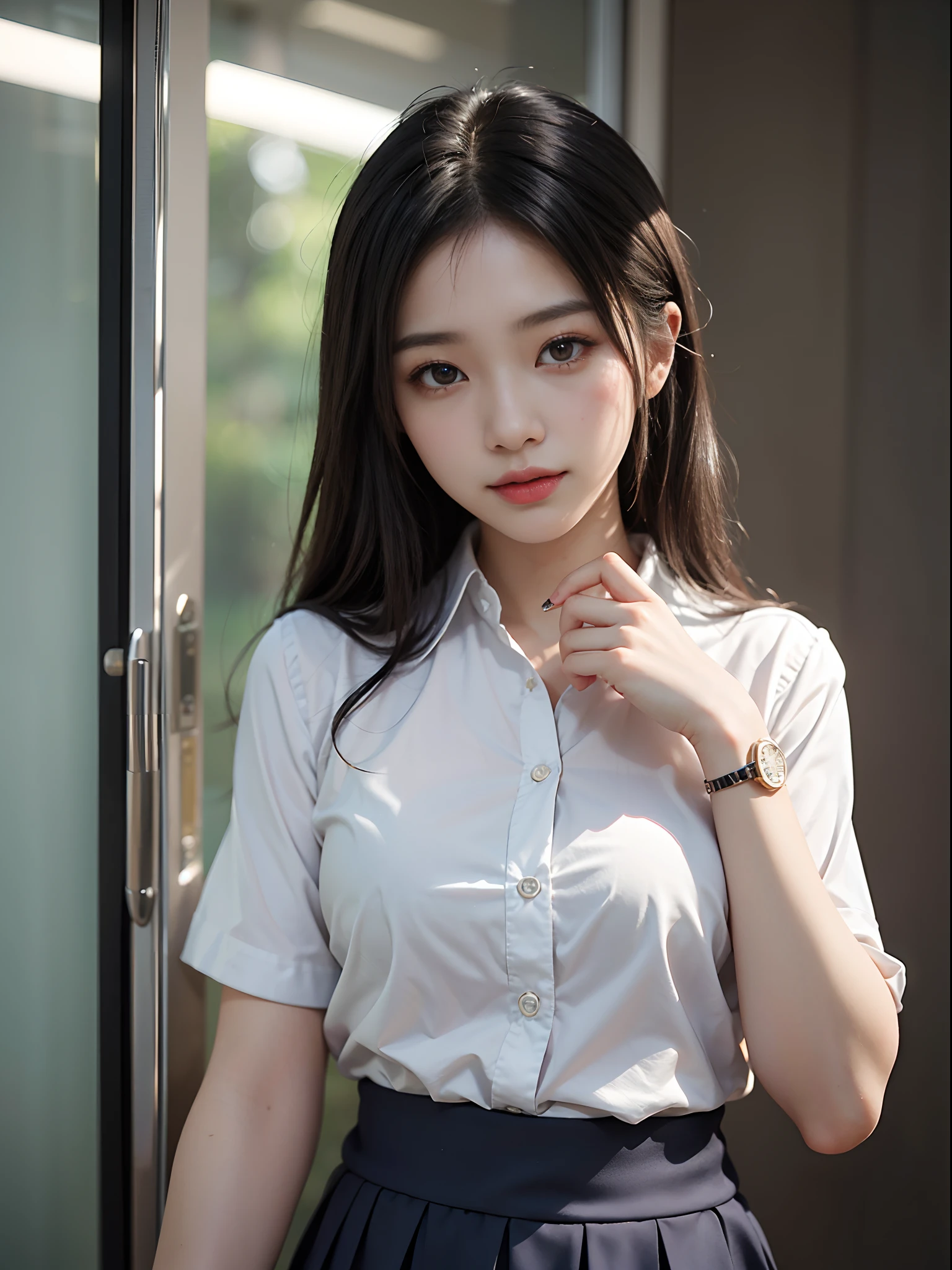 High school girl looking at me with her body turned sideways in the city、White collar shirt、pleatedskirt、drooing eyes: 1.3,, (in 8K) , ​master piece, (No retouching, Lip gloss, False eyelashes, Real Skin, of the highest quality, 超A high resolution, depth of fields, chromatic abberation, Caustics, Wide Lighting, Natural Shading))Korean Idols、Live action、Sauce order、Asian woman smiling at Alafe,、Young Pretty Gravure Idol, Young skinny gravure idol, Realistic Young Gravure Idol, Young Sensual Gravure Idol, Japanese Models, Shot with Canon EOA 6 D Mark II, taken with canon eos 5 d mark iv, Young Gravure Idol,