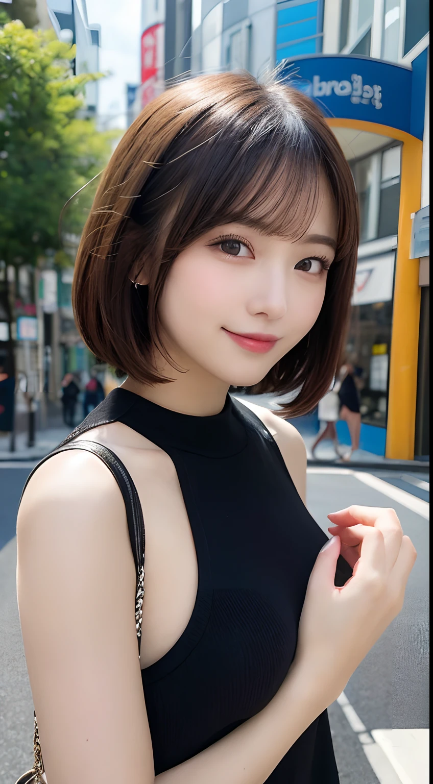 超A high resolution、​masterpiece、top-quality、extra detailed face、A detailed eye、Very complex and、perfect glossy shiny skins、Perfect litthing、Detailed Lighting、Dramatic shadows、光线追踪、1 girl in、cowboy  shot、Casual Fashion、In the street、Harajuku、(Shy smile0.8)、looking at the viewers、Dynamic Poses、a pixie cut、medium breasts⁩