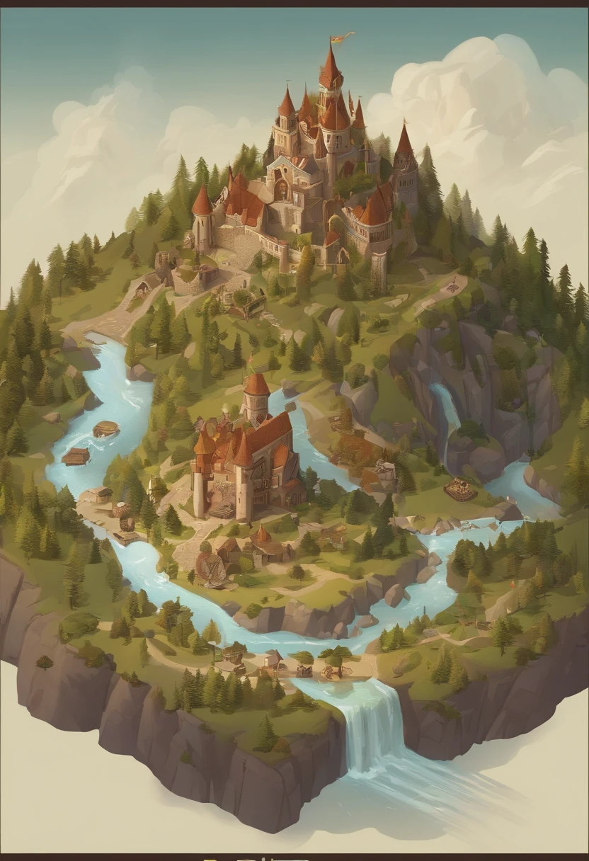 There is a map of the fantasy world with many people, concept art by Craig Thompson, trending on polycount, conceptual art, an isometric fantasy map, Detailed game art, brittney lee, very coherent stylized artwork, painted as a game concept art, Isometric map, arte de fundo, detailed digital concept art, intricate details in environment, Map of Patryne