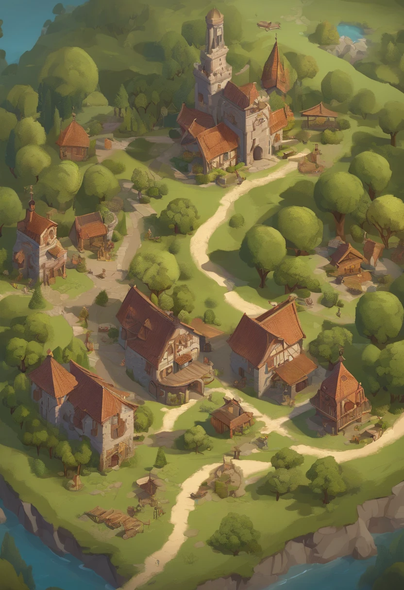 There is a map of the fantasy world with many people, concept art by Craig Thompson, trending on polycount, conceptual art, an isometric fantasy map, Detailed game art, brittney lee, very coherent stylized artwork, painted as a game concept art, Isometric map, arte de fundo, detailed digital concept art, intricate details in environment, Map of Patryne