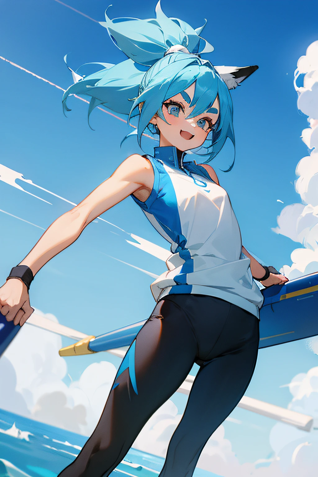 Sky blue hair single ponytail cheerful beautiful girl wearing leggings sports vest fox eyebrows