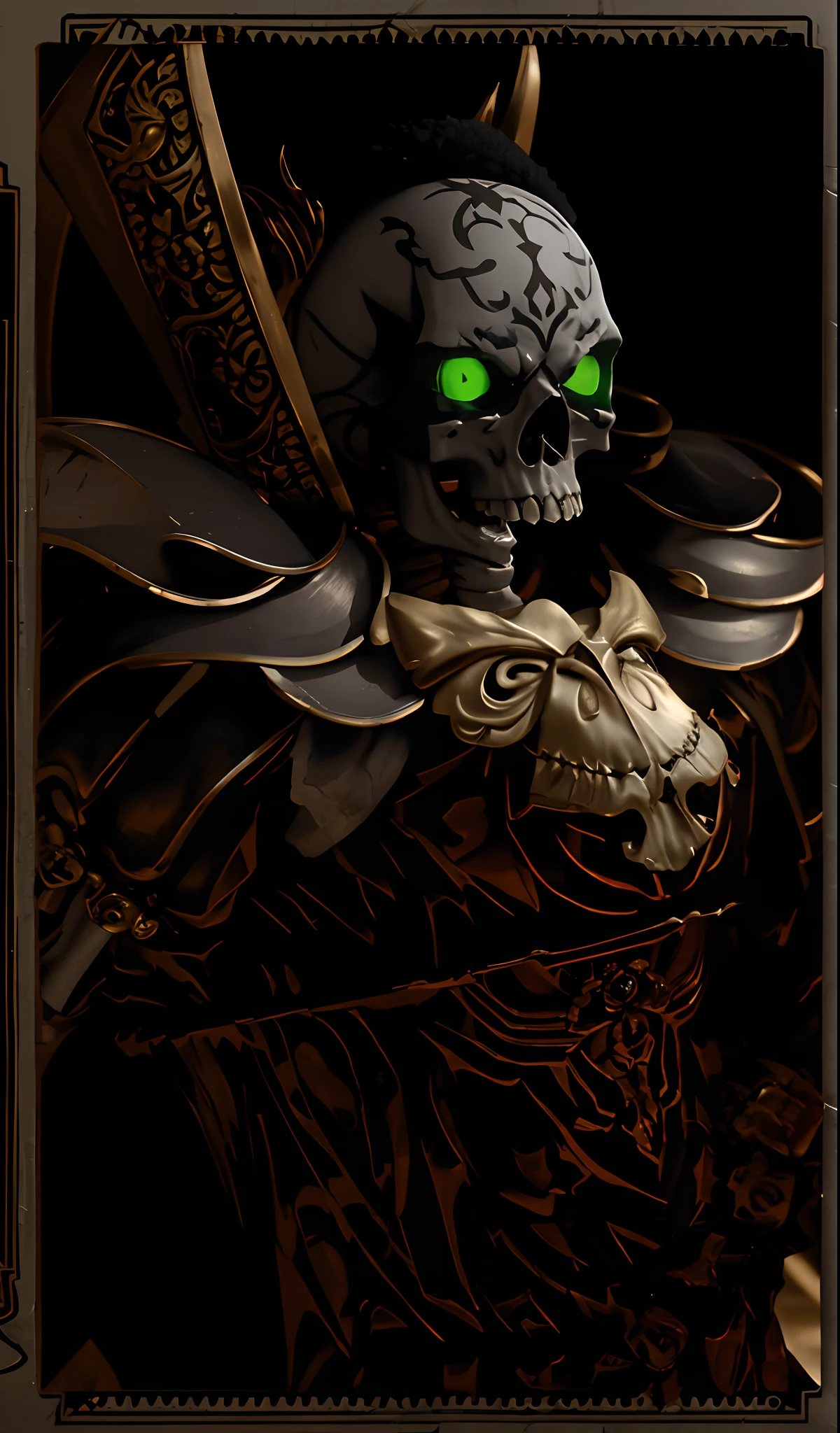 masterpiece, realistic, high quality, skeleton in cloth dress and armor, lich with glowing green eyes, (skull jewelry, skull necklace), (old cloth chemisette:1.5), skull face, evil necromancer, the lord of pestilence, portrait of an necromancer, skeleton warrior, undead lich, portrait of a holy necromancer, baldur's gate character portrait, undead skeleton king
