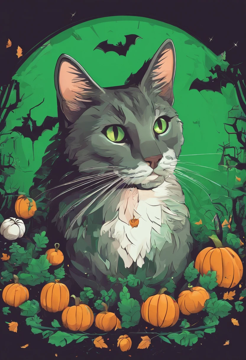 There is a cat that is sitting in the grass with pumpkins - SeaArt AI