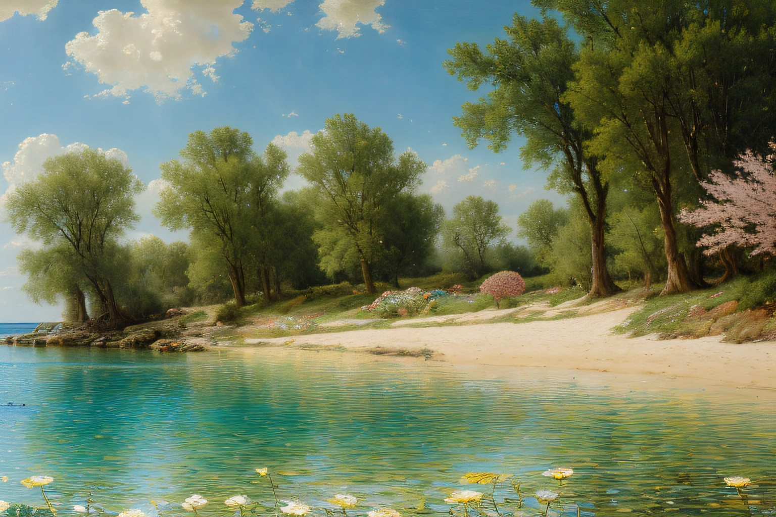 paysage mer, Eau, cocotier, fleurs, (Highly detailed CG Unit 8k wallpaper), The most beautiful work of art in the world, Professional majestic oil painting, complexe, High detail, mise au point nette, dramatique, Art of photorealist painting, Alma Tadema