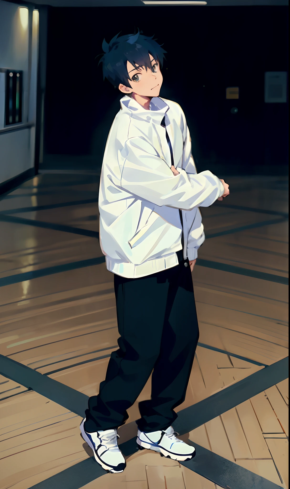 anime boy in white jacket and black pants standing in a room, anime style character, fullbody portrait, digital anime illustration, made with anime painter studio, character full body portrait, !!full body portrait!!, full body portrait, single character full body, anime artstyle, anime full body illustration, shinji, style anime, makoto shinkai style