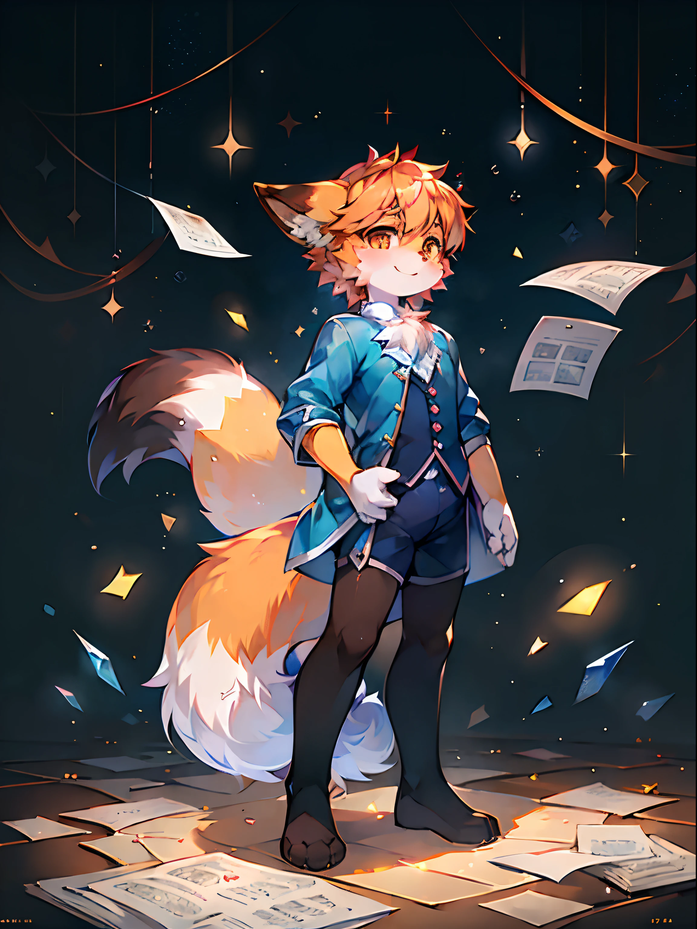 a fox，sky blue shirt，Fluffy tail，adolable，Shota，music sheets，are standing，There is light in the eyes，Scattered paper，Scattered paper floated in the air，Crystal pupils，shinning eyes，starlights，As estrelas，glitters，Orange pupils，confident smile，