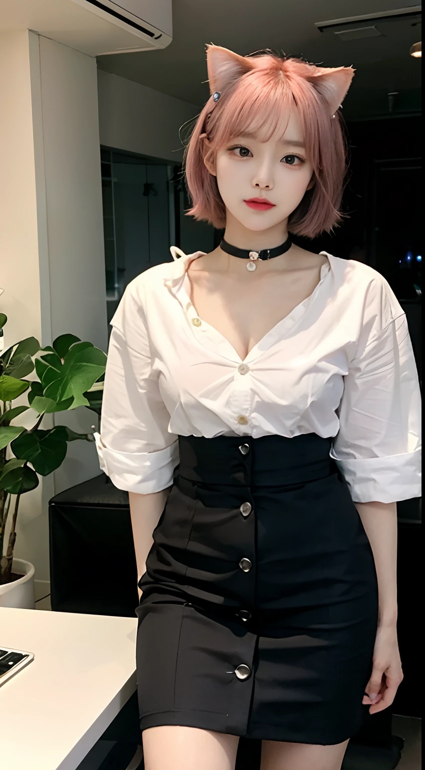 realisitic、top-quality、女の子 1 人、Cat's ears、Pink hair,Short hair,Saliva、Choker、ty、Button shirt with collar、OL、pencil skirts、personal computers、houseplant、profetional lighting、Super big under the shirt