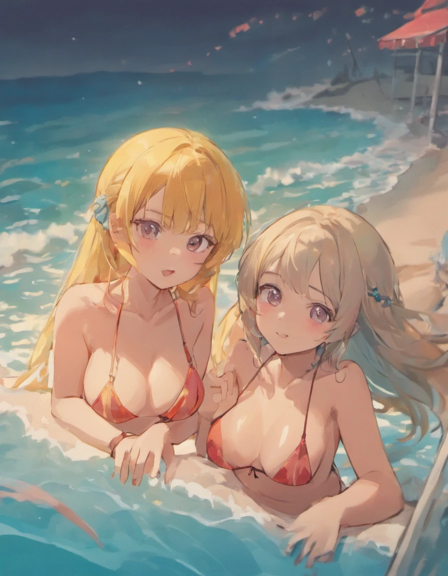 2girls，in a bikini，Complex design，Lots of details，k hd，Cuddle together，Lie down in bed，is shy