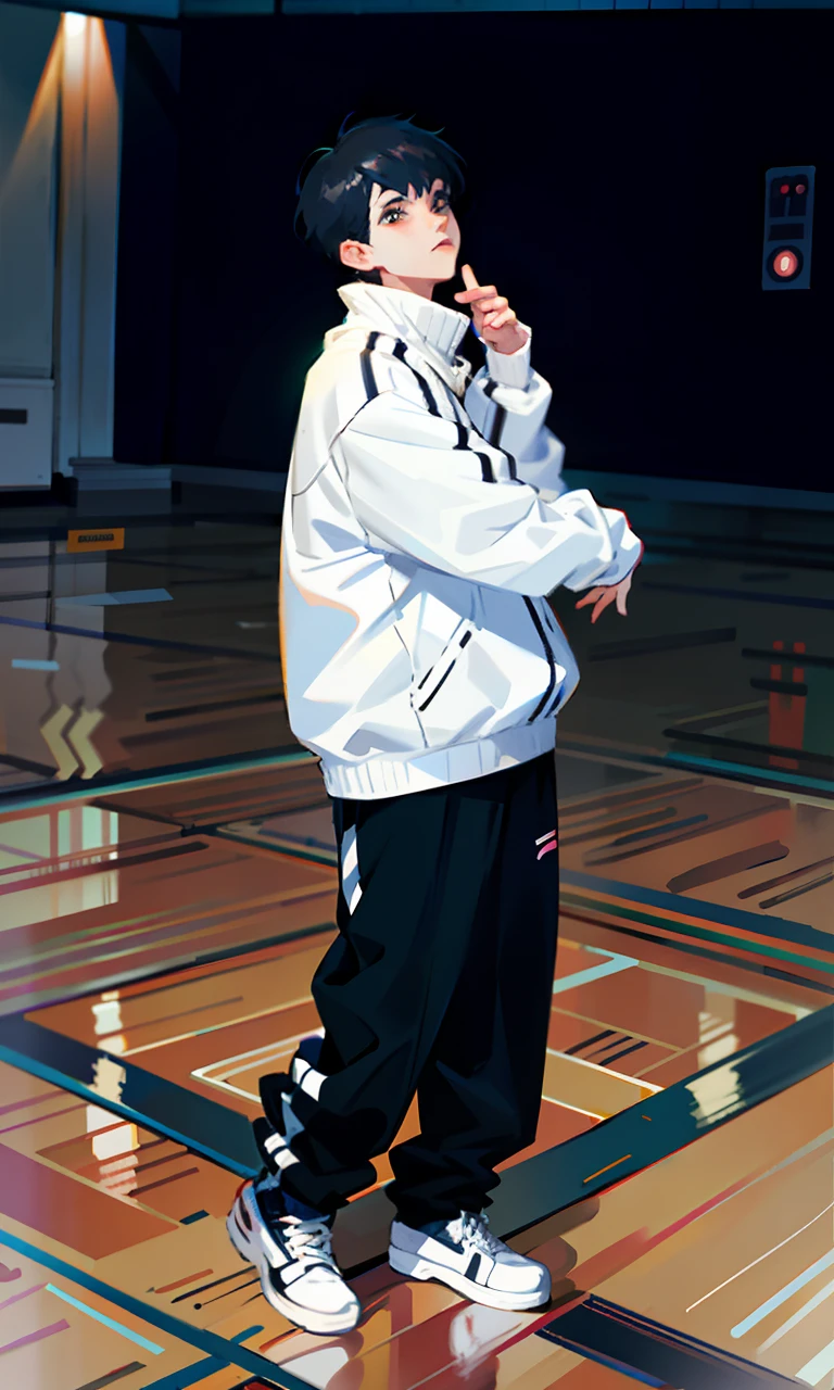anime boy in white jacket and black pants standing on a basketball court, !!full body portrait!!, digital anime illustration, made with anime painter studio, [ digital art ]!!, kim doyoung, wearing a tracksuit, smooth anime cg art, jungkook, anime artstyle, painted in anime painter studio, baggy, clean artstyle, fullbody portrait