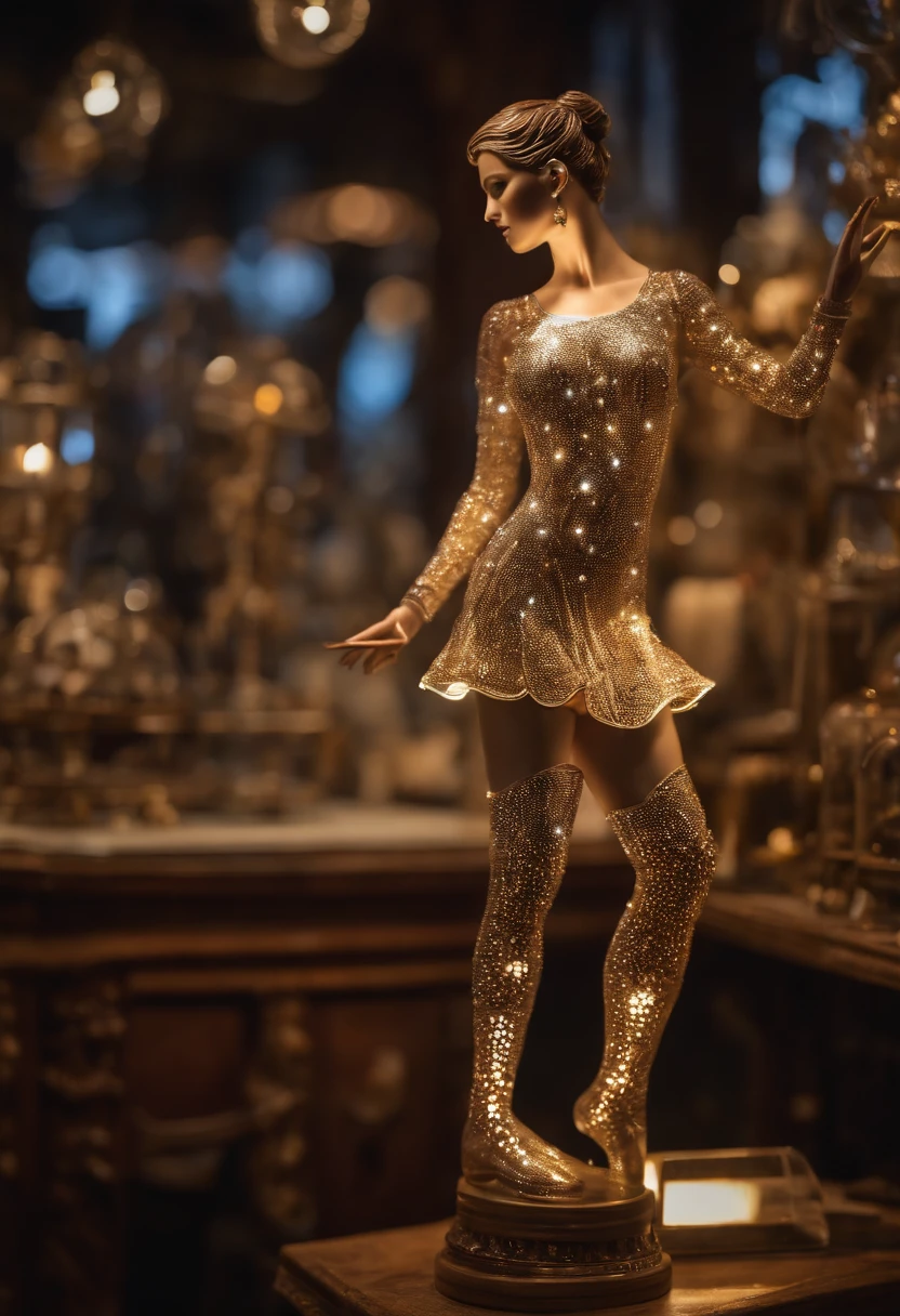 8K, hyper photorealism,photorealistic paintings, Studio quality, Delicate micromachined translucent ballerina glass full body standing on luminous pedestal , sparkle eyes, , mechanicalparts, Light-emitting diodes emit light , Scaly gelatinous mosaic armor, Translucent glass skin , Intricate , 1.8 Canon 100mm F2.8 background old steampunk toy store, Dust, Night textures