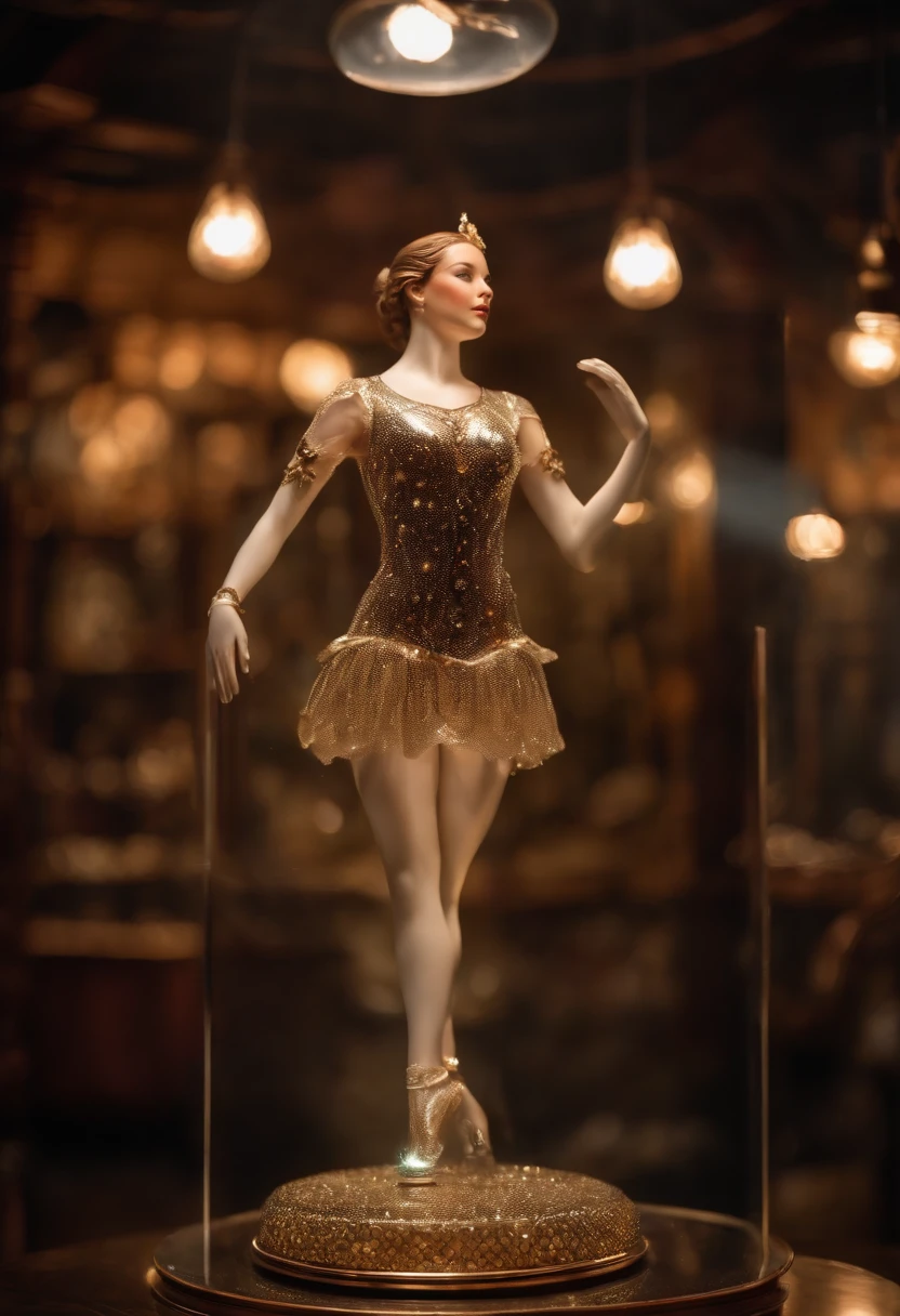 8K, hyper photorealism,photorealistic paintings, Studio quality, Delicate micromachined translucent ballerina glass full body standing on luminous pedestal , sparkle eyes, , mechanicalparts, Light-emitting diodes emit light , Scaly gelatinous mosaic armor, Translucent glass skin , Intricate , 1.8 Canon 100mm F2.8 background old steampunk toy store, Dust, Night textures
