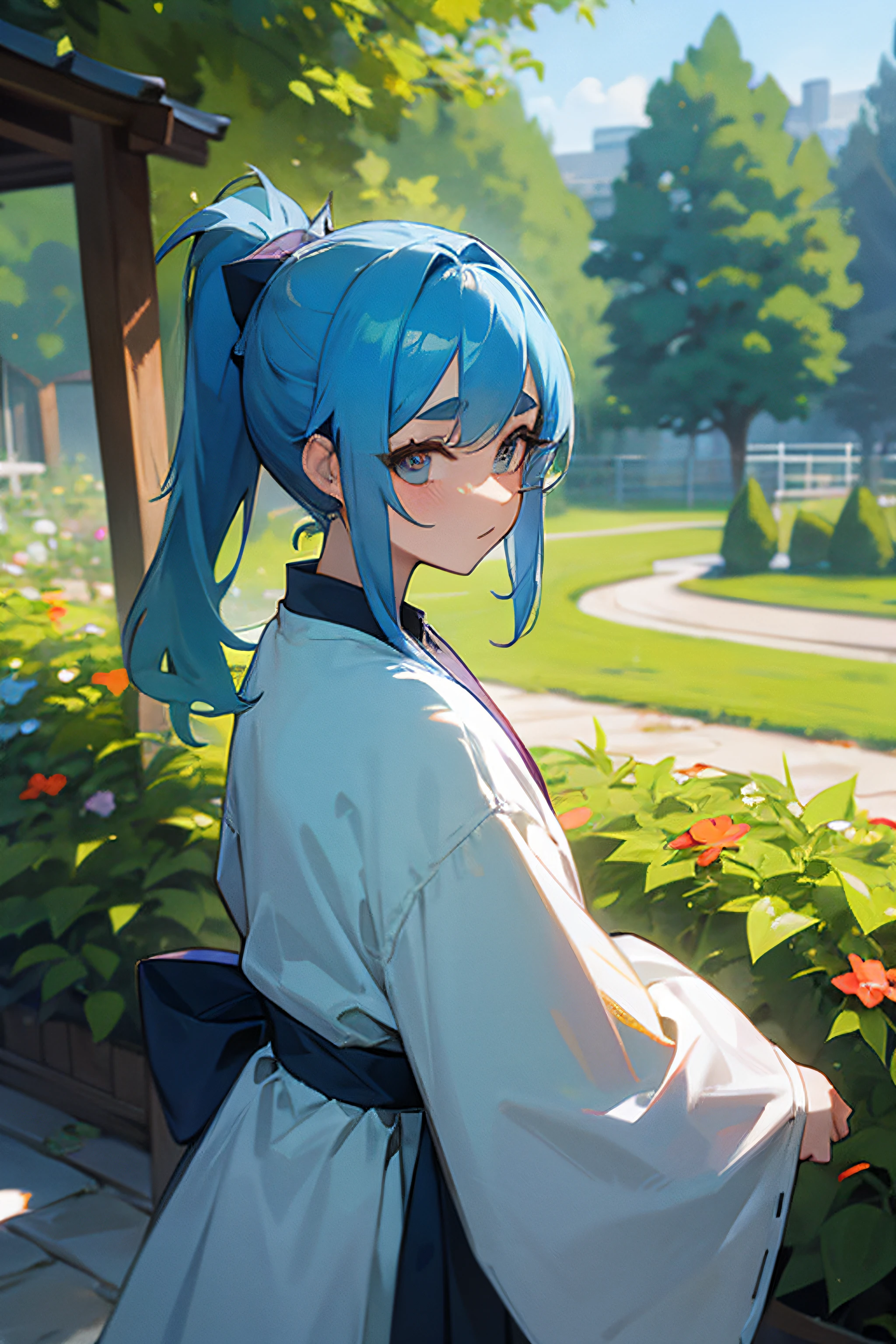 Sky blue hair single ponytail in house clothes in garden fox eyebrows introverted beautiful girl
