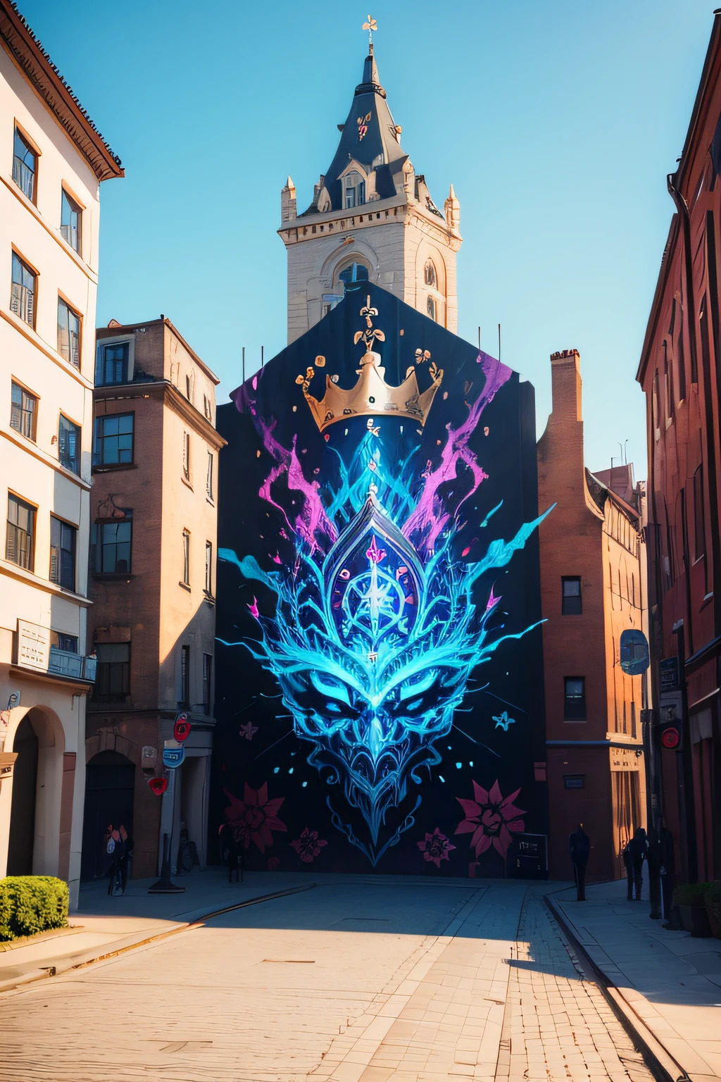 A gigantic tag on a city wall represents a magnificent crown with flashy colors and multiple details